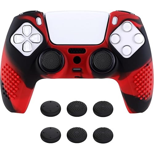 eXtremeRate PlayVital 3D Studded Edition Anti-Slip Silicone Cover Skin for ps5 Controller, Soft Rubber Case Protector for ps5 Wireless Controller with Thumb Grip Caps - Red & Black