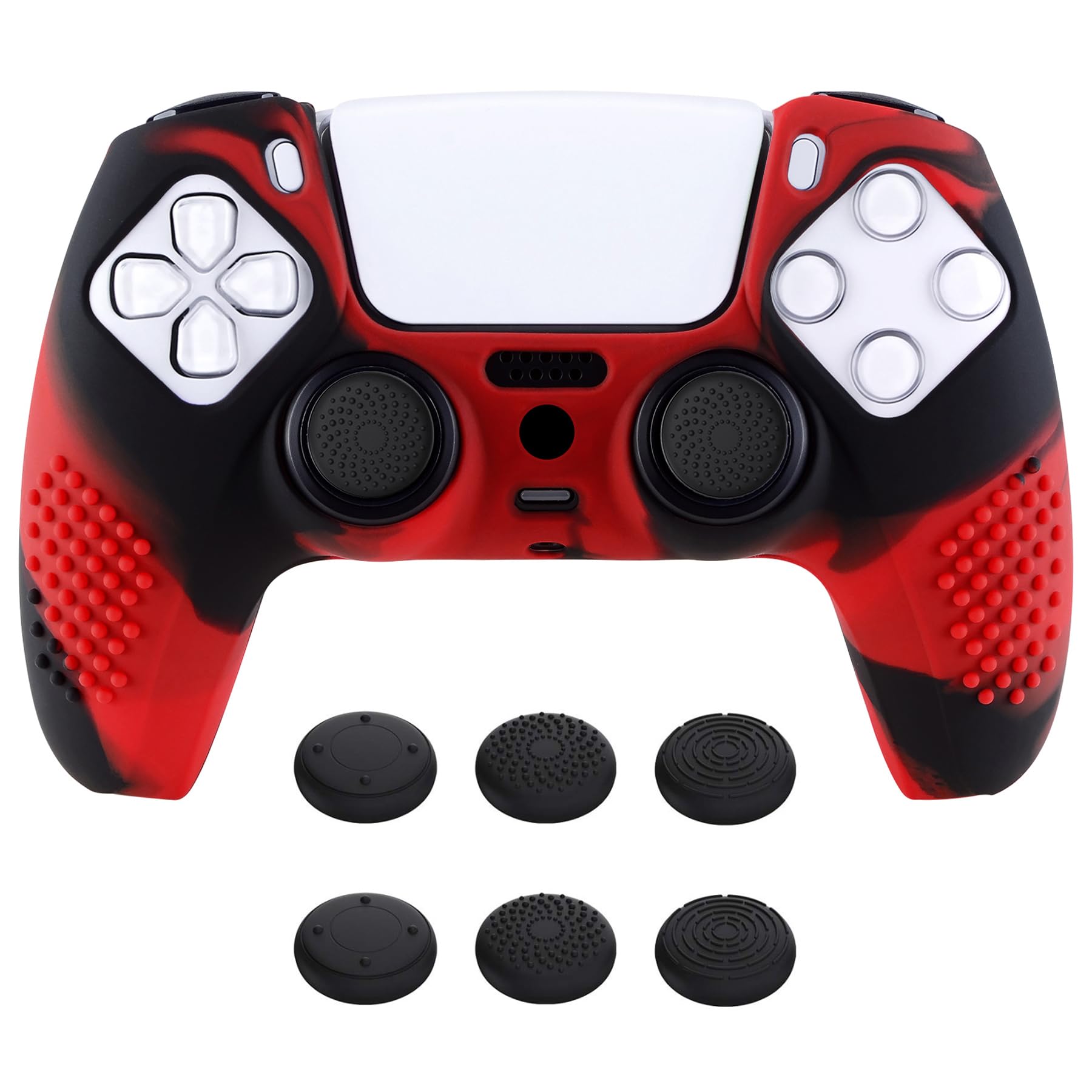 eXtremeRate PlayVital Black 3D Studded Edition Anti-Slip Silicone Cover Skin for ps5 Controller, Soft Rubber Case Protector for ps5 Wireless Controller with Thumb Grip Caps - Red & Black - 2