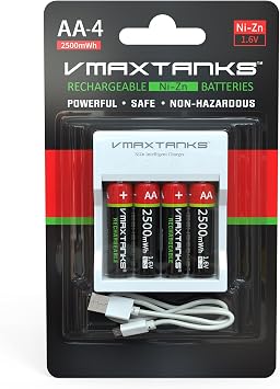VMAX AA-4CH Ni-Zn Rechargeable AA 4 Pack Batteries for High Drain Devices + Charger 1.6V 2500mWh + Storage Case 1 Pack of 4