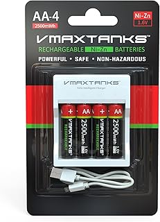 VMAX AA-4CH Ni-Zn Rechargeable AA 4 Pack Batteries for High Drain Devices + Charger 1.6V 2500mWh + Storage Case (1 Pack of (4))
