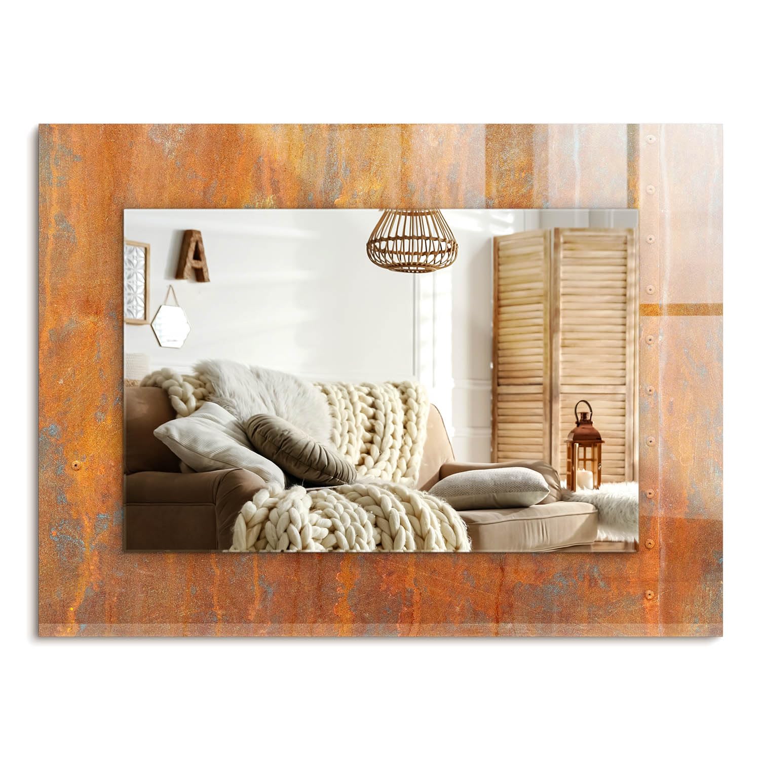 Miroir avec impression 80x60 cm style métal rouillé rectangulaire pour salon