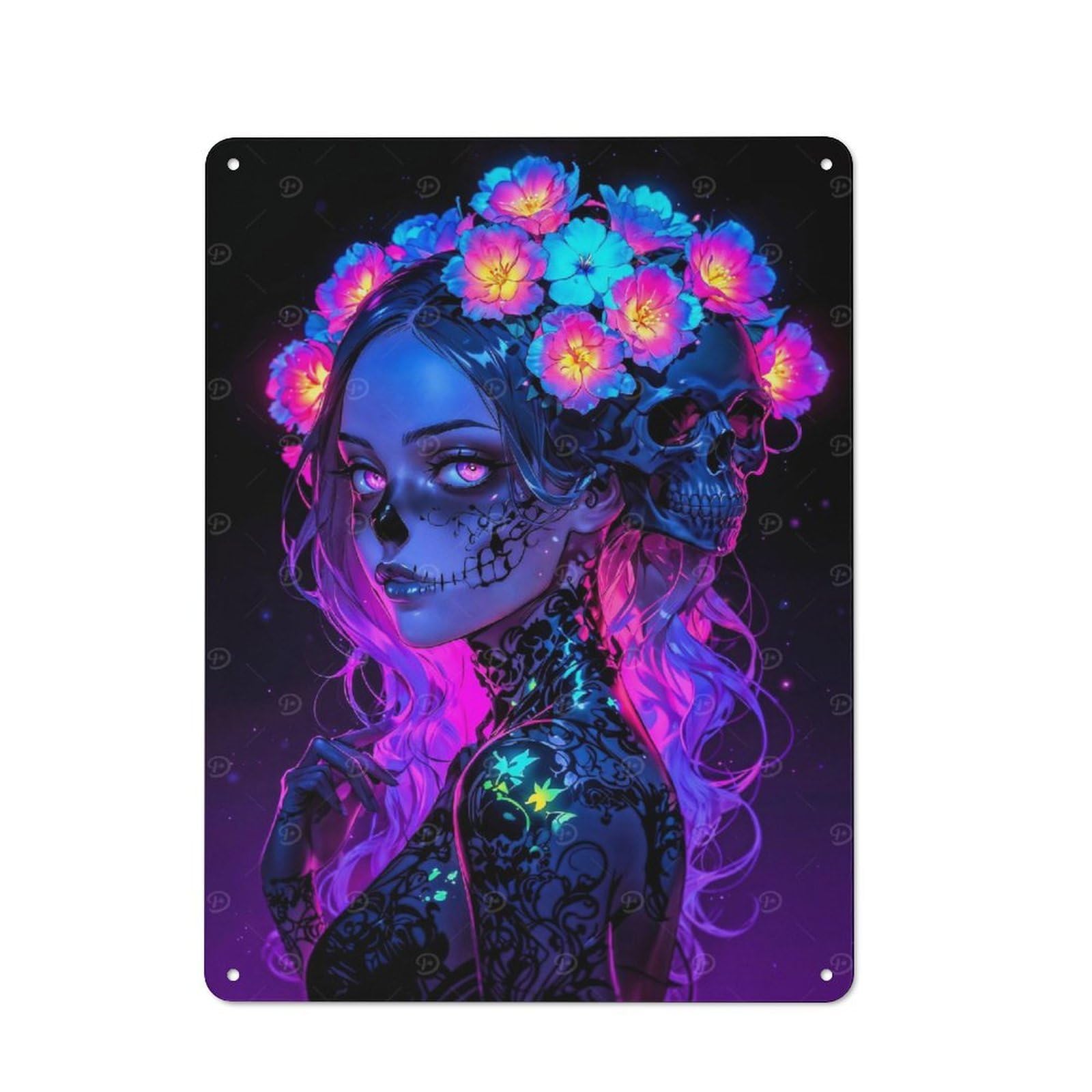 Junmoney Girls Style-4 For Garden Room Or Summerhouse, Dark Flower Skull Rustic Tin Sign 40X30cm, Wall Decor For Garden Rooms And Summerhouses