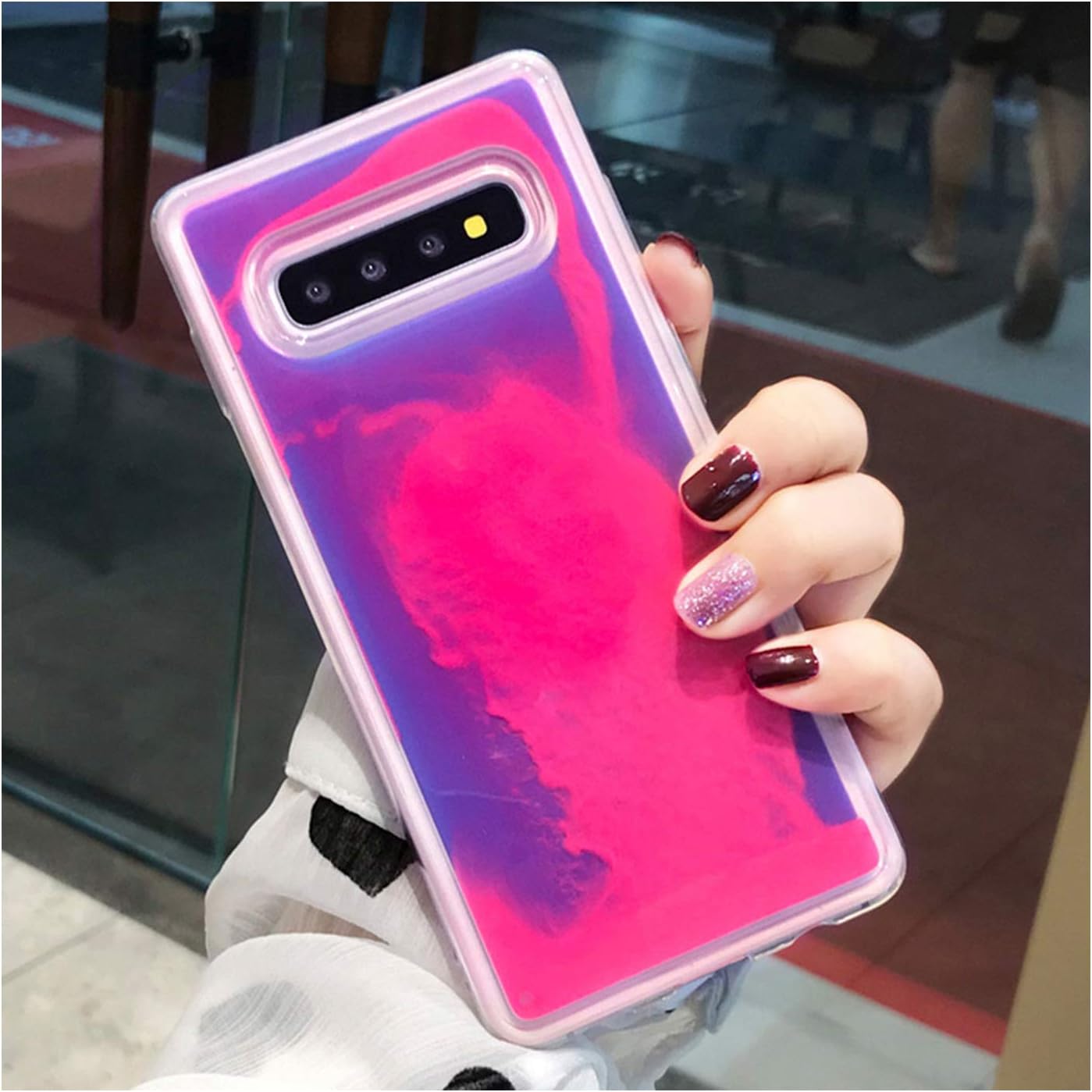 Luminous Neon Sand Cover Glow in The Dark Liquid Glitter Quicksand Cases,for Samsung S10 Plus,Pink