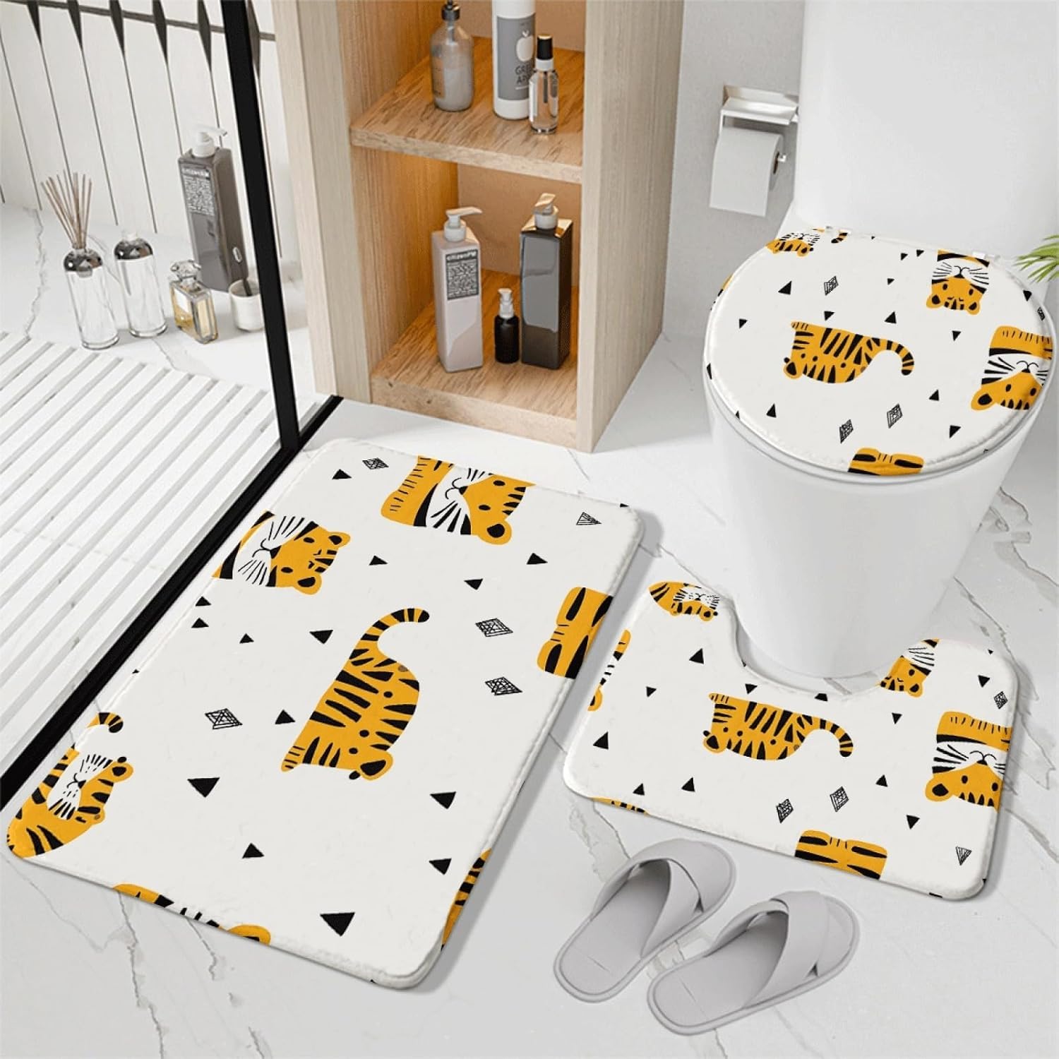 Set di tappetini da Bagno 3 Pezzi Giallo Tigre Geometria Antiscivolo per Bagno Tappeto Lavabile in Memory Foam Tappeto copriwater tappetini a Forma di U 45x75 cm