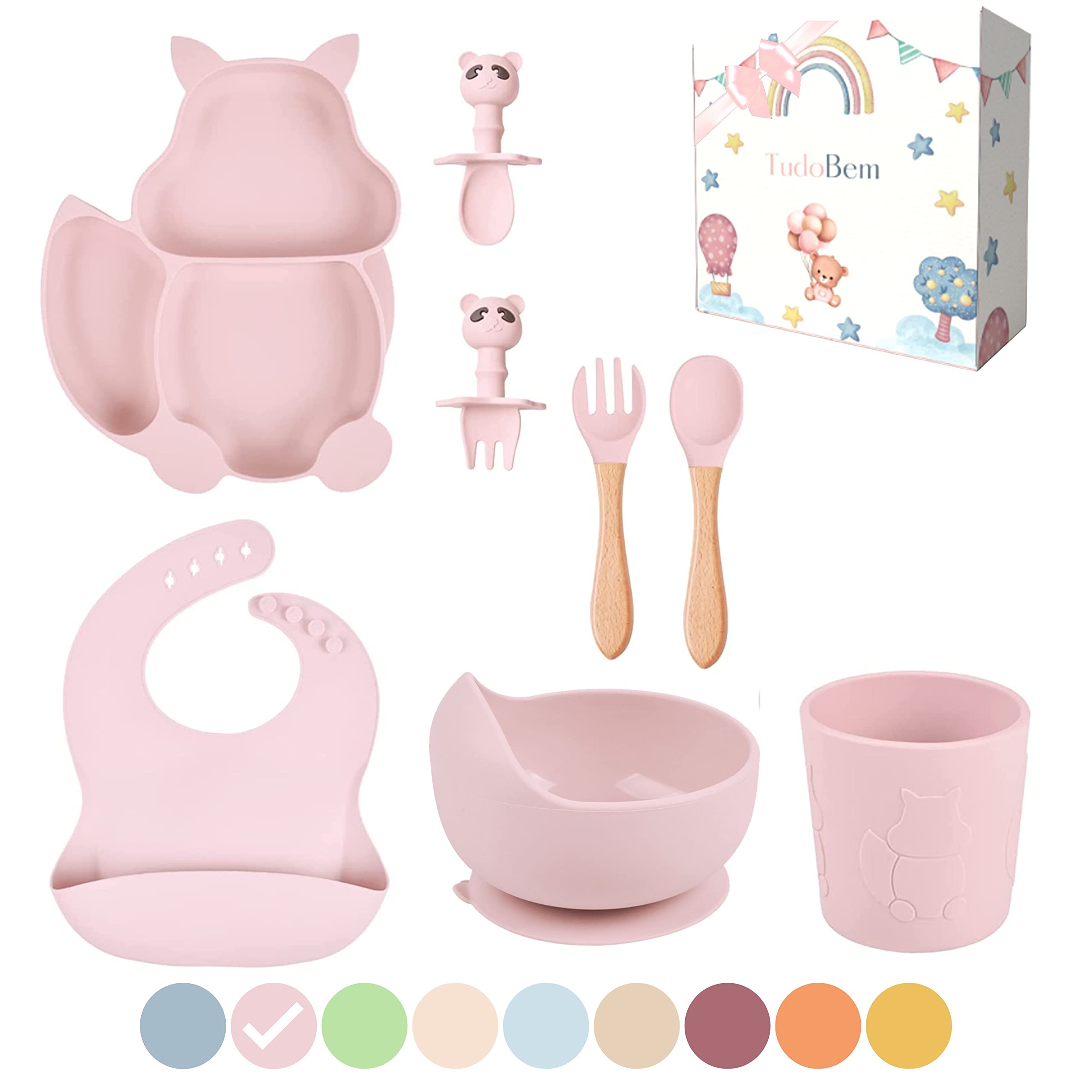 TudoBem Set Pappa Svezzamento 8 Pezzi – 1 piatto svezzamento con Ventosa, 1 Bavaglini Neonato, 1 Ciotola Antiscivolo, 2 Posate Bambini, 1 Cucchiaino Svezzamento, 1 Bicchiere Neonato 6 Mesi Prima Pappa