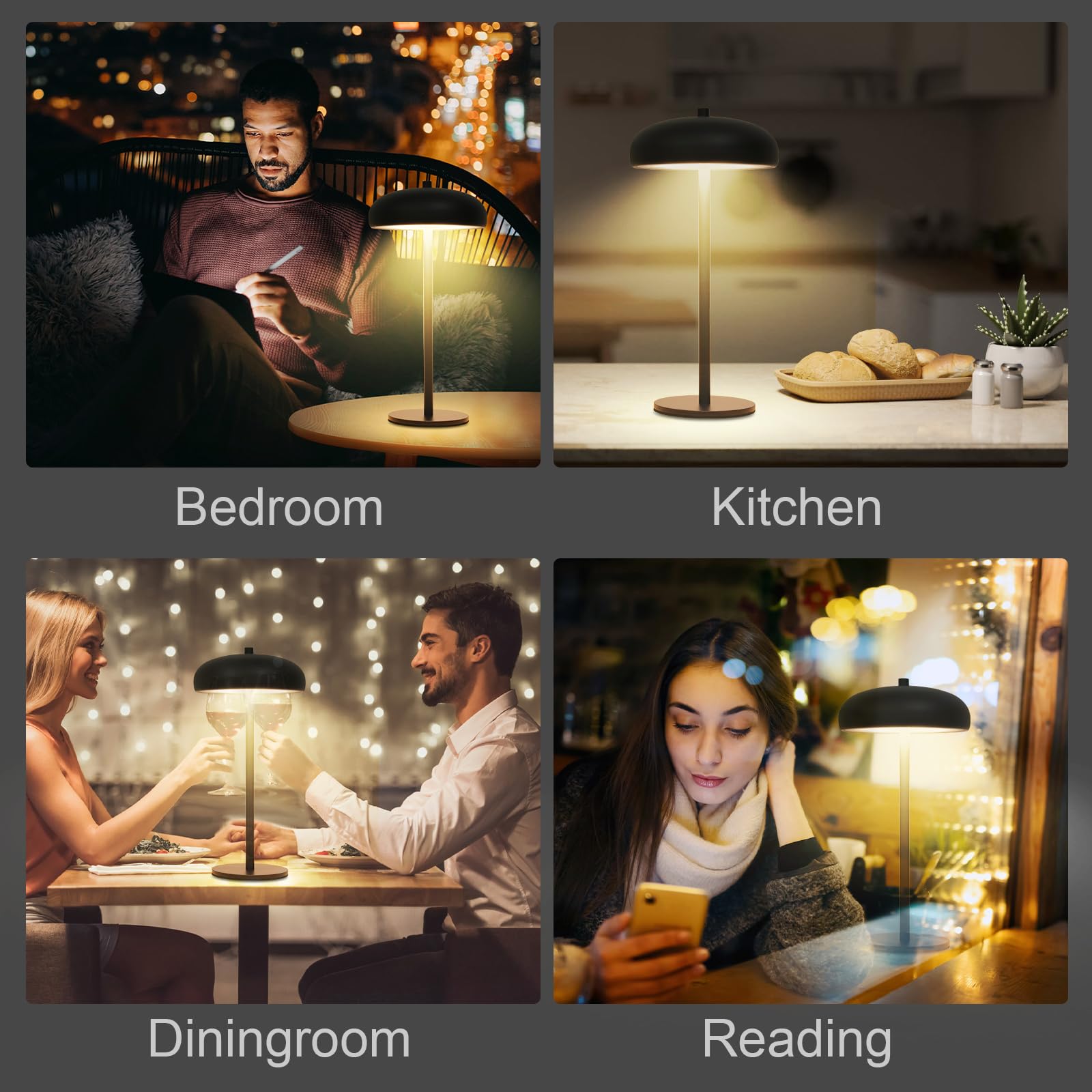 Lixada Lámpara de mesa LED inalámbrica, lámpara de mesa con batería, regulable y recargable con USB-C, lámpara de escritorio redonda, lámpara de seta y lámpara de mesita de noche, metal negro con