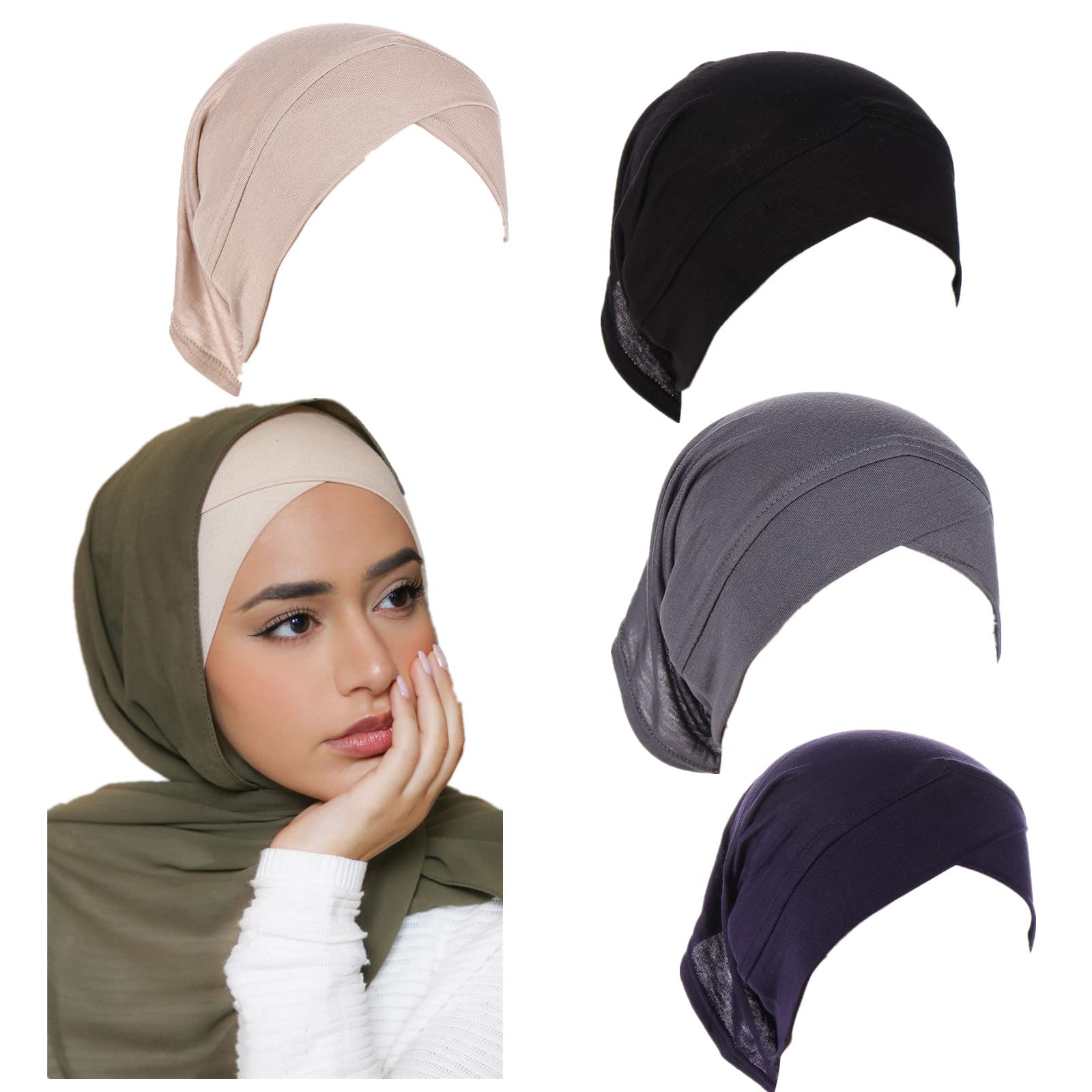 4 Pieces Muslim Inner Hijab Cap for Women Cross Turban Underscarf Undercap Bonnet Islamic Jersey Tube Caps Black+navy+grey+beige