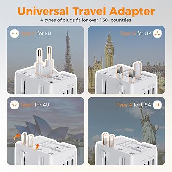 TESSAN Universal Travel Adapter with 2 USB C and 2 USB A | International Travel Plug UK to World, Worldwide Essentials Plug Adaptor for EU, USA, UK, AUS, Japan, Thailand, Vietnam