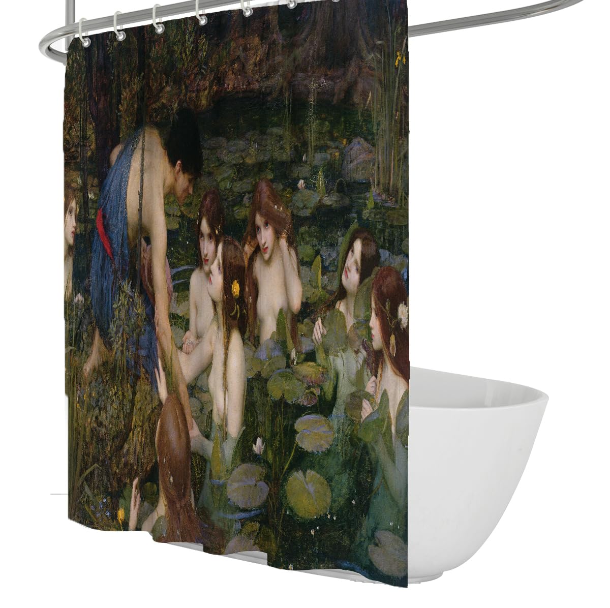 Hylas und die Nymphen Duschvorhang Vintage-präraffaelitisches mythologisches Ölgemälde Stoff Badezimmerdekoration Grüner Seerosenblatt Ästhetischer Badevorhang 150 x 180 cm