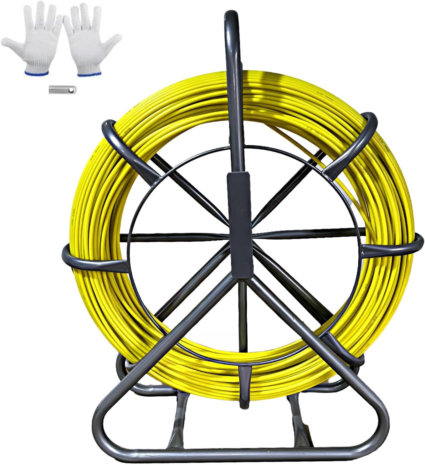 Fish Tape Fiberglass, 1/4", 328ft – Steel-Standing Non-Conductive Wire Puller Kit with 2 Pulling Heads, Work Gloves – for Electrical Conduit, Walls, Ceilings, Floors