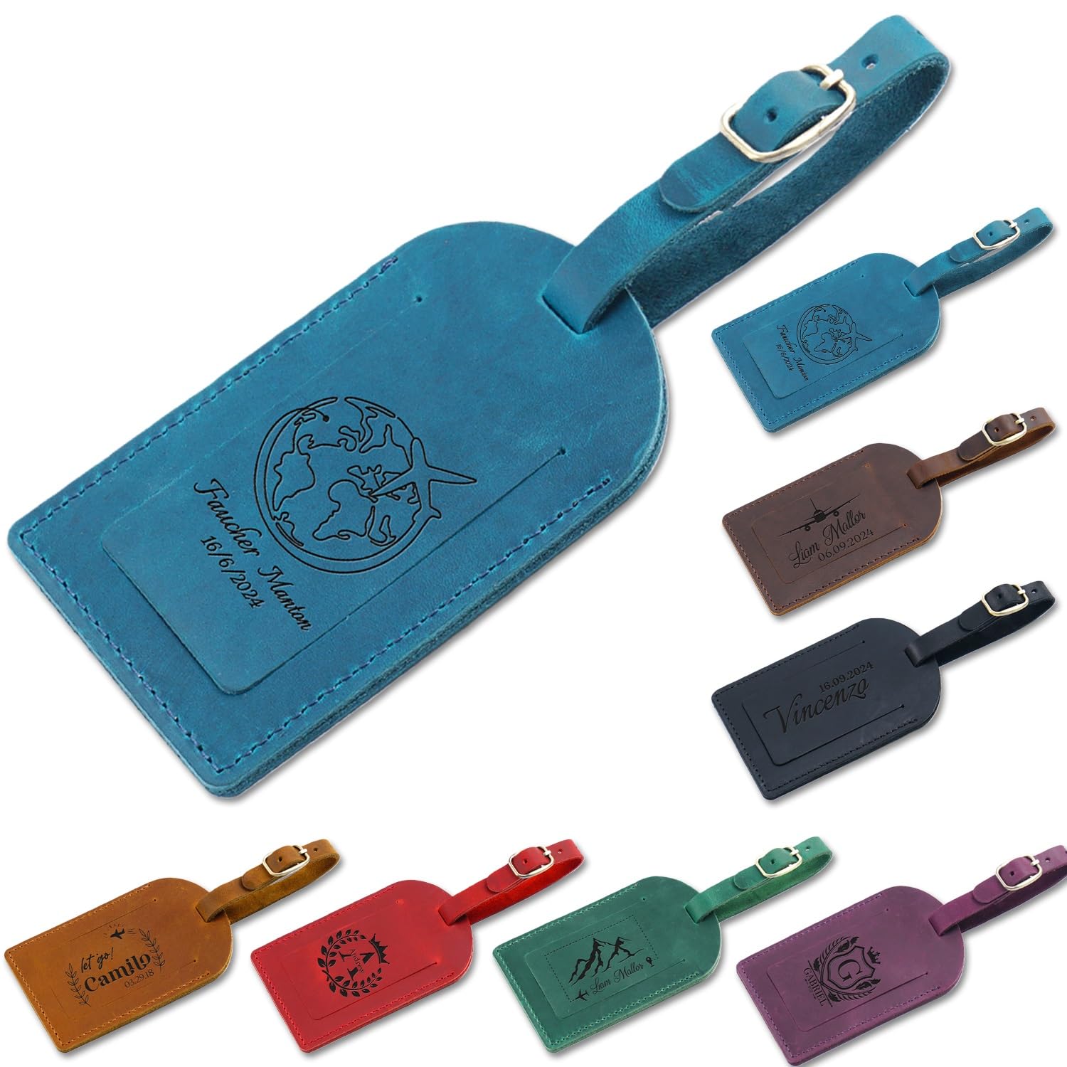 Personalized Genuine Leather Luggage Tag, Custom Engraved Vintage Suitcase Labels, Baggage Leather Boarding Bag, Name ID Address Holder For Travel Accessory Tags(Blue)