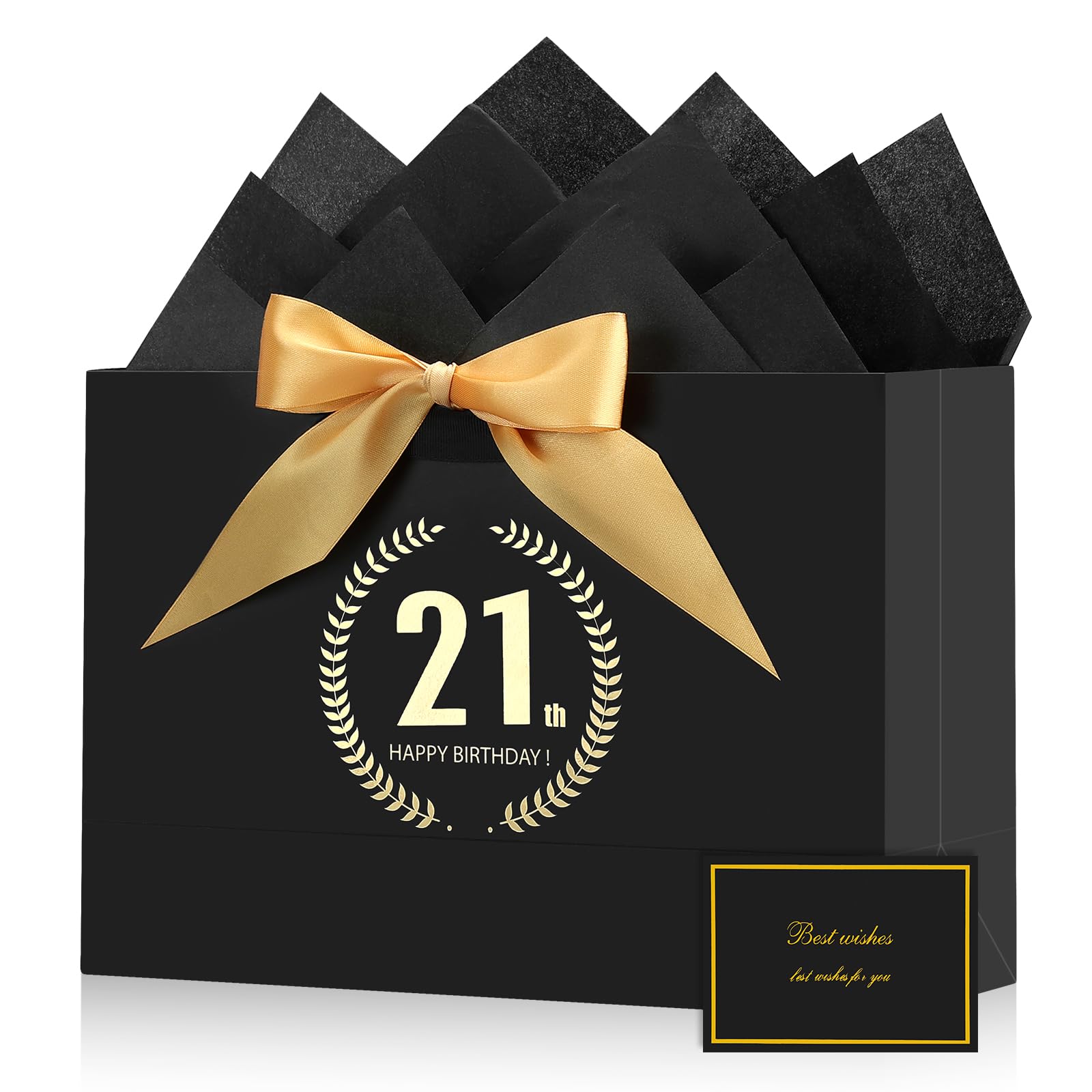 BBLIKE 21th Birthday Gift Bag - Fabulous Black Gold Happy 21 Large Birthday Present Bag for Women Men, With 2 Wrapping Papers 1 Card, Elegant Anniversary Decorations Party Supplies Shopping Paper Bags — image 1