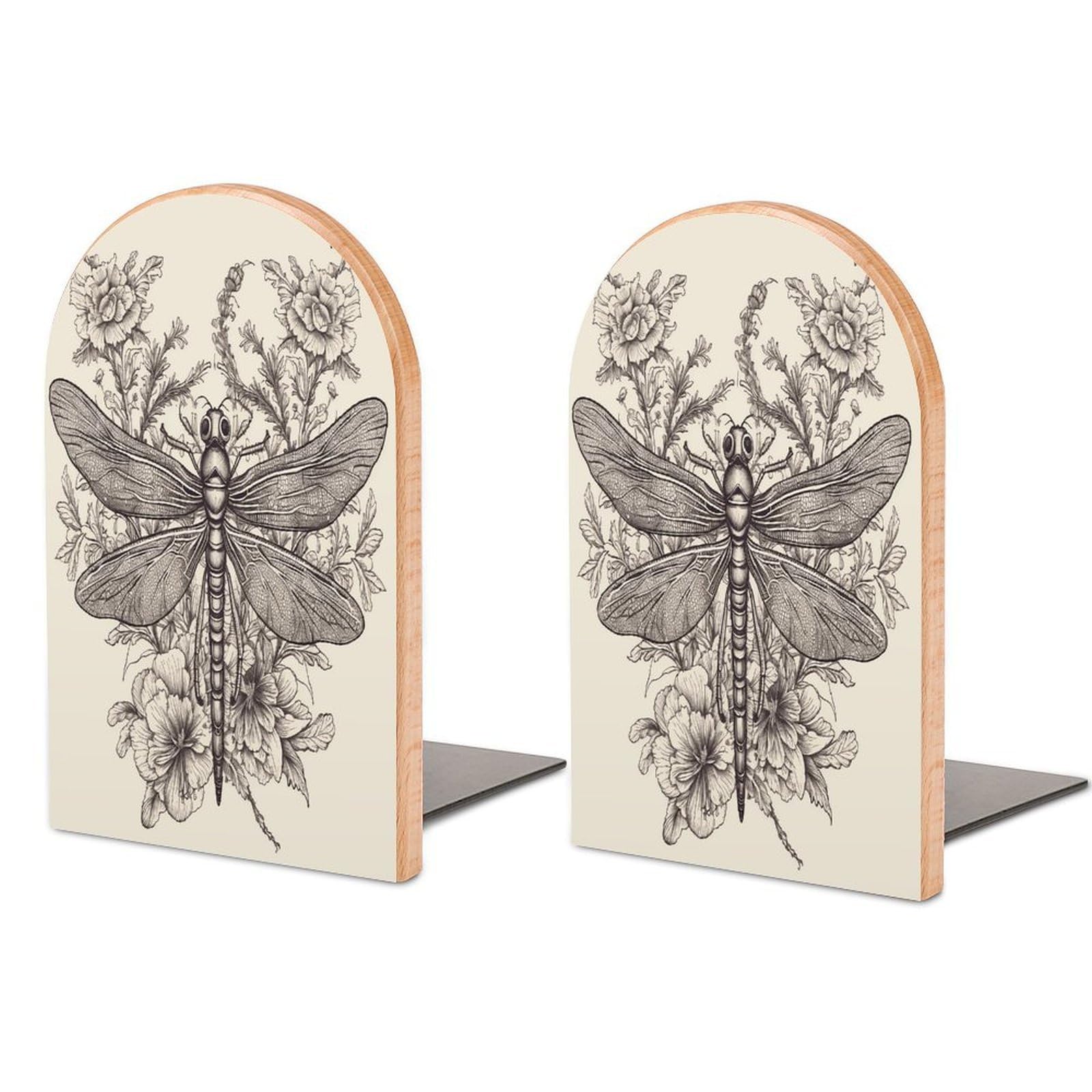 Hand Drawn Floral Dragonfly Bookend Wood Book End for Shelves Heavy Duty Non-Slip Wooden Bookend Support Universal Economy Bookends Fancy Modern Decorative Book Accessories 1 Pairs