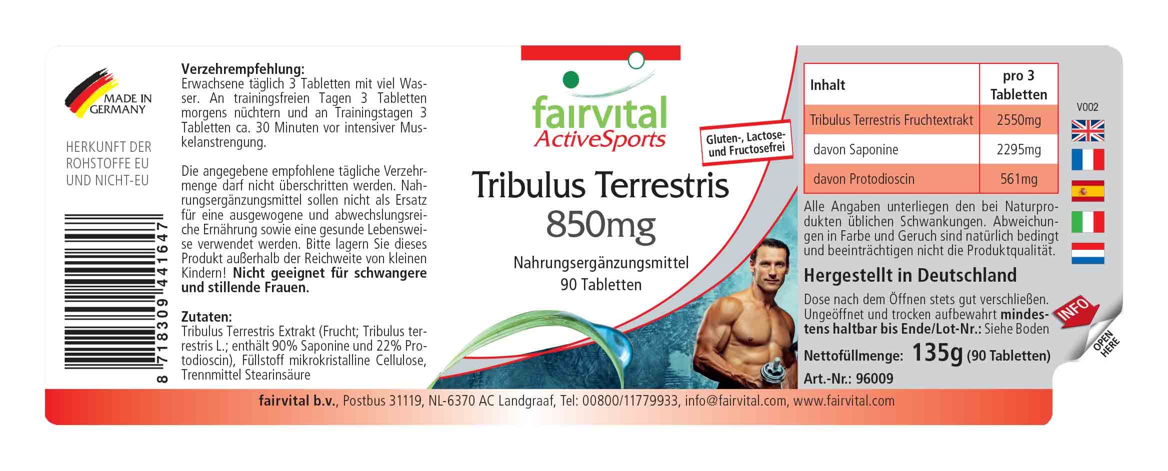fairvital Estratto di Tribulus Terrestris 850 mg, 90 compresse, ALTO DOSAGGIO, 90% di saponine e 22% di protodioscina, VEGANO