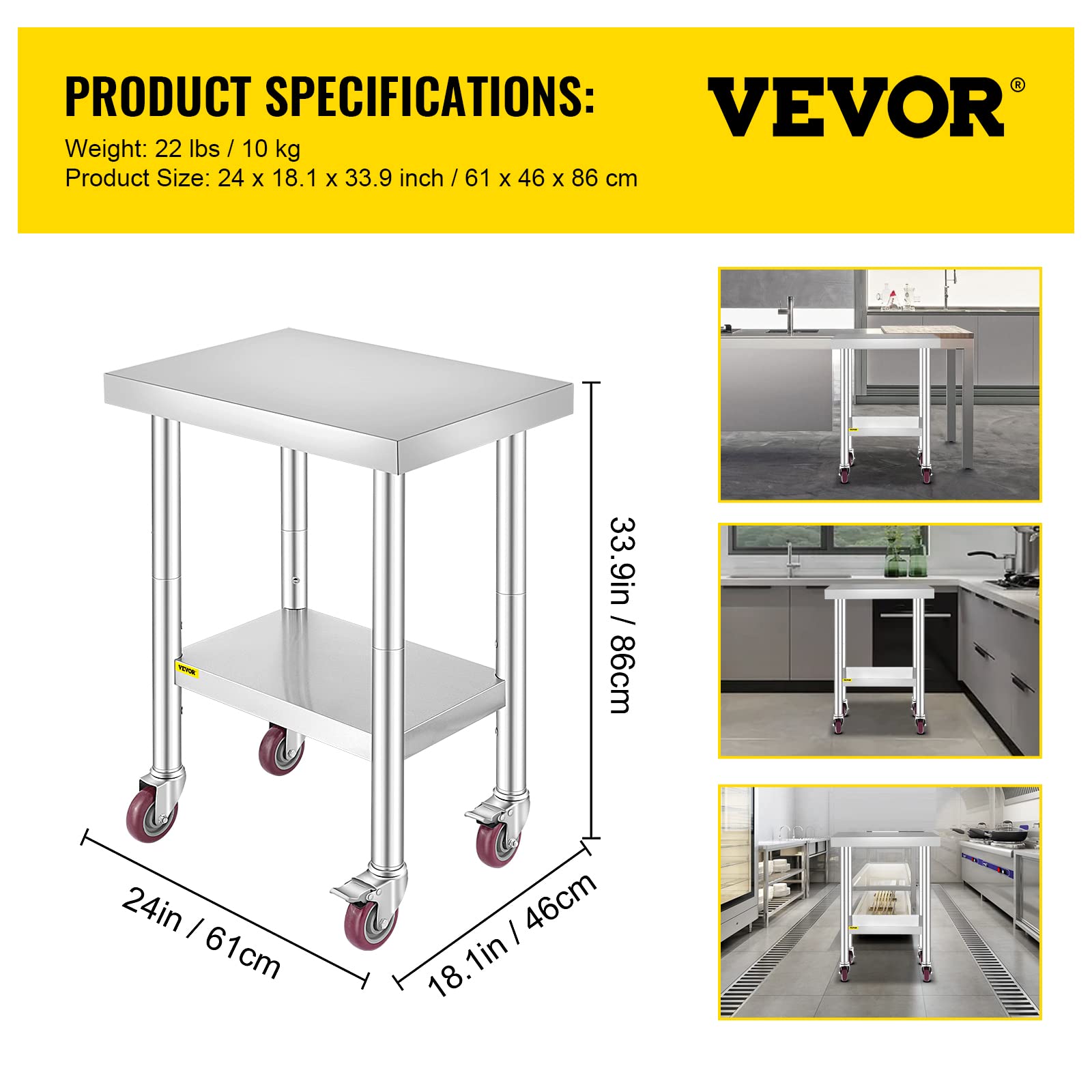 VEVOR Tavolo da Lavoro in Acciaio Inox Piano di Lavoro per Cucina 61x45x86cm Piano di Lavoro Professionale a 4 Ruote per La Preparazione di Alimenti