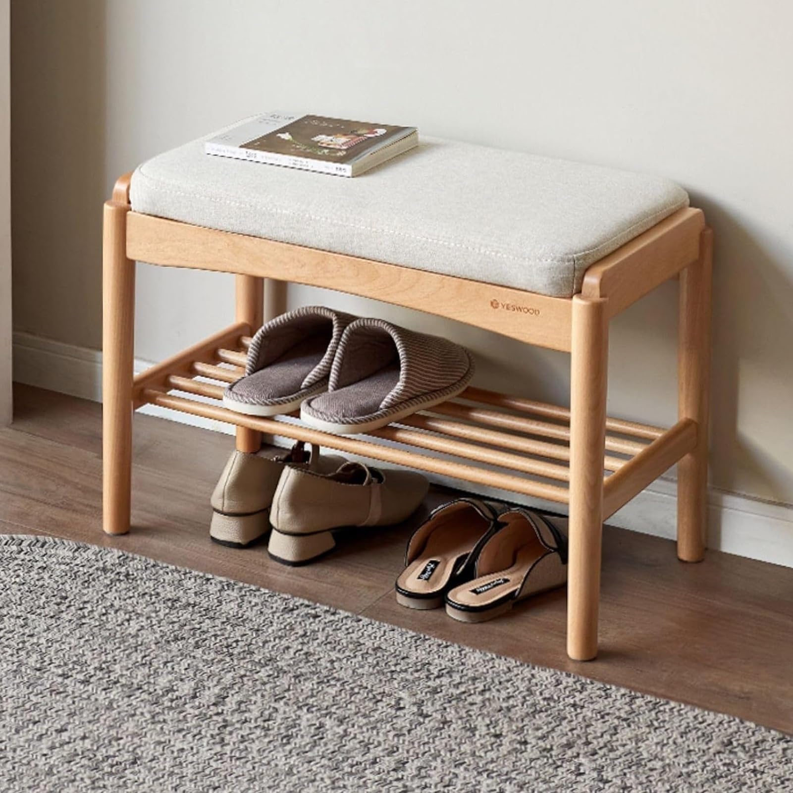 Banc de rangement pour chaussures meuble d'entrée en bois massif beige 80cm