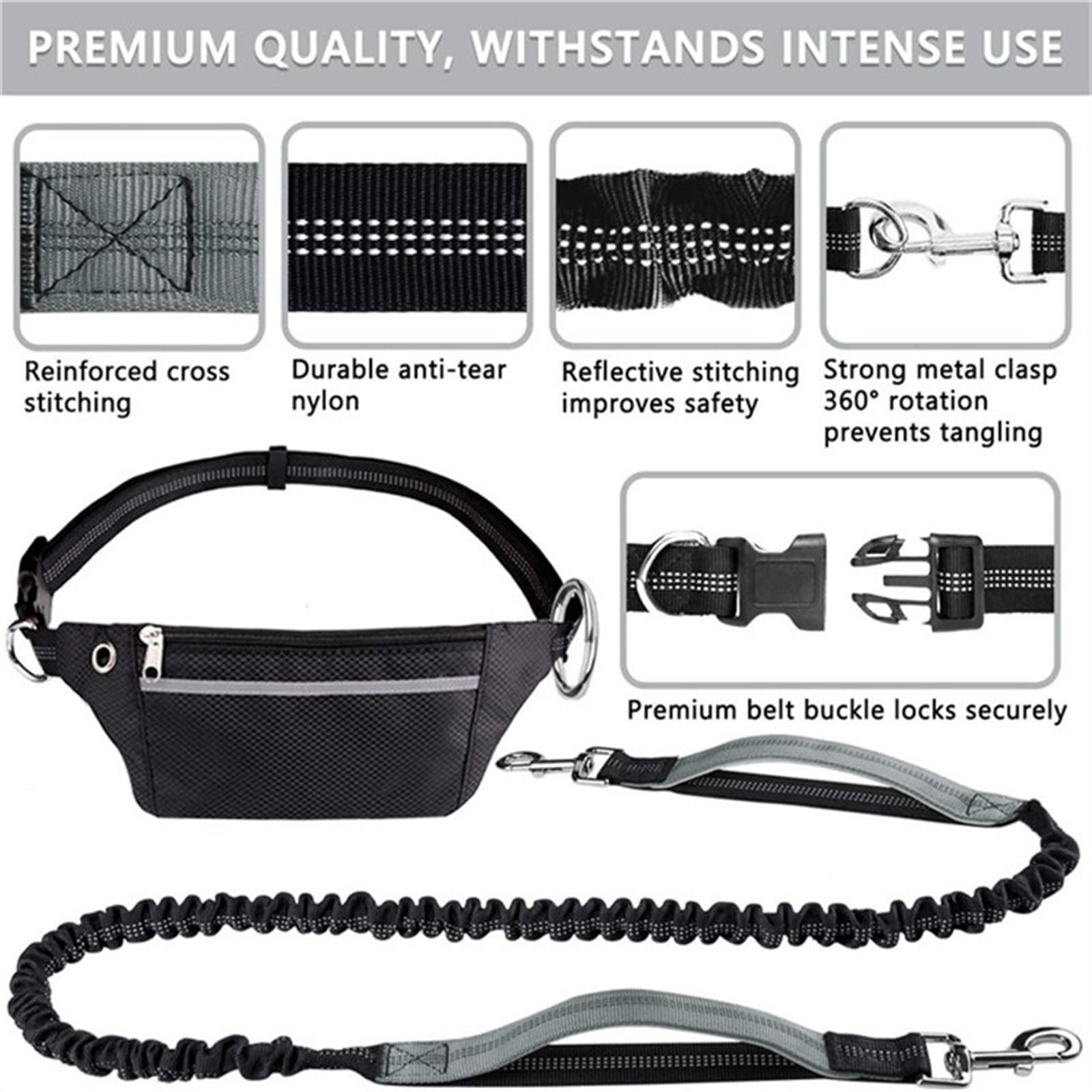 Longe pour Chien Laisse Mains Libres pour Chien avec Sac de Taille réfléchissant Jogging Dogs Corde de Traction Extensible Bungee Dog Laisse pour Chien(Gray)