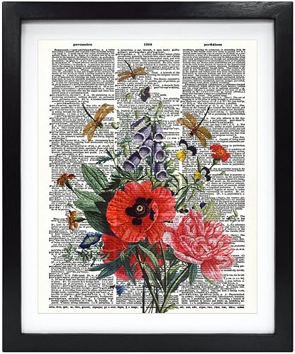 Susie Arts Flores de jardín sin marco de 8 x 10 con libélula Vintage Diccionario Arte Impreso Moderno Contemporáneo Arte de Pared Decoración del