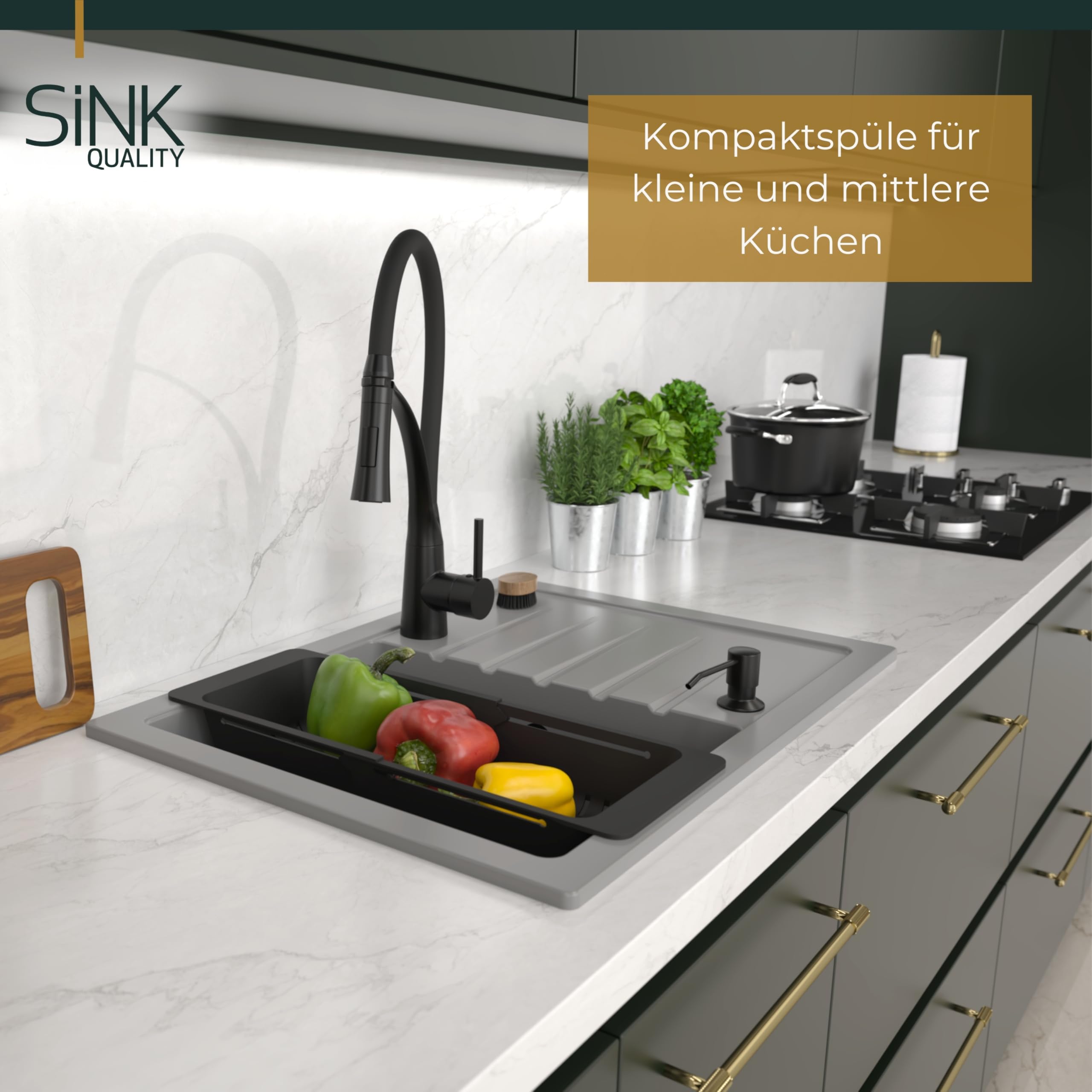 SINK QUALITY Spülbecken Komplettset in Schwarz 68 x 49,5 cm - Spüle mit Wasserhahn, Seifenspender, Sieb, Siphon und Imprägniermittel - Küchenspüle mit armatur für 45er Unterschrank