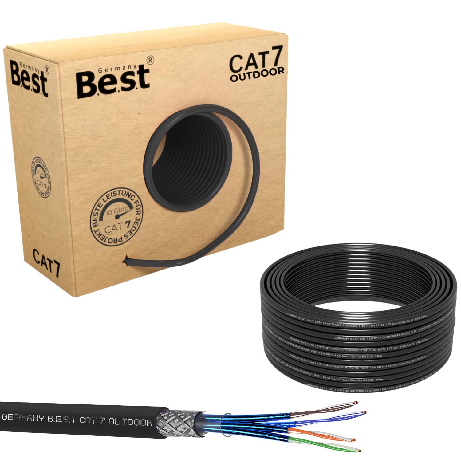 Cat 7 Verlegekabel Erdkabel Netzwerkkabel Datenkabel Schwarz Outdoor UV Außen 50m