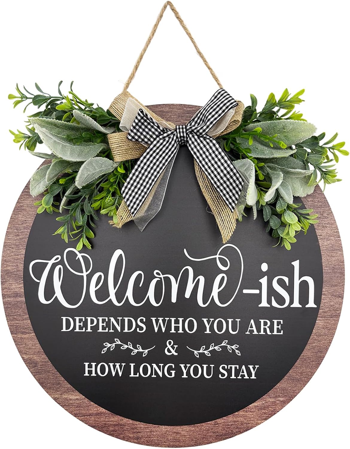 14 Inch Welcome Sign for Front Door Wooden Door Wreath Decoration Funny Welcome-ish Outdoor Hanging Signs for Gift Farmhuose Home Indoor All Seasons
