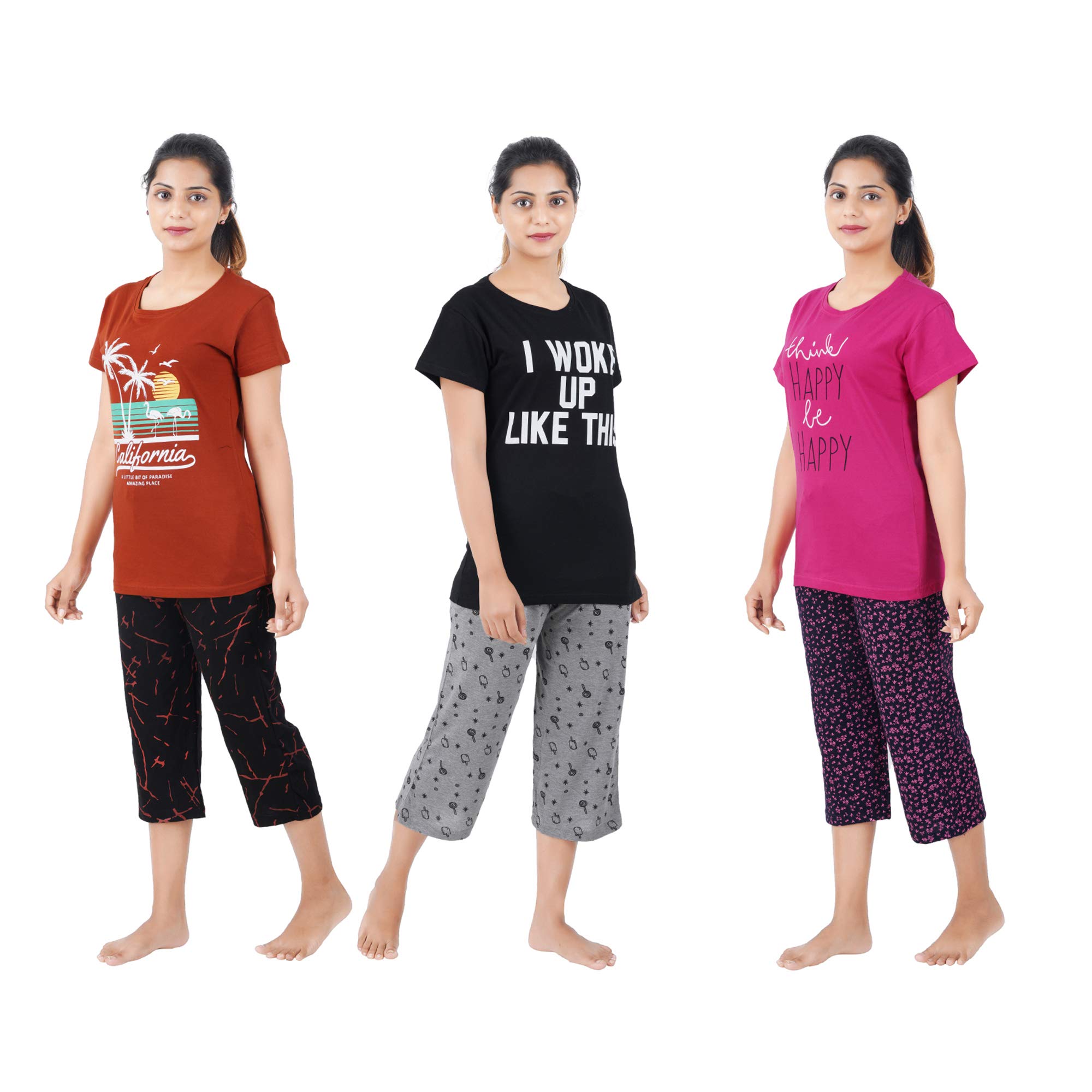 Buy That Trendz Women's Cotton Printed Top & All Over Print Capri Pyjama Set/Pajama Night Suit Set/Sleep wear Set/Loungewear Set Smile Yellow Different Tomato Red Love Maroon Combo Pack of 3