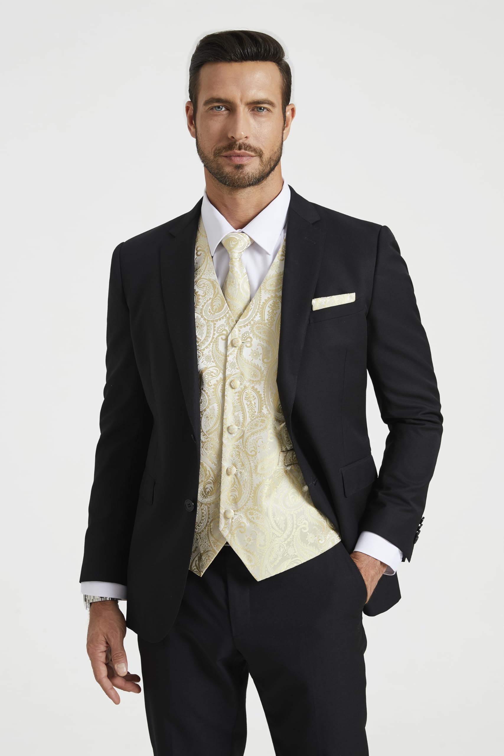Enlision Chaleco y Corbata de Jacquard Floral Paisley Clasico Para Hombre y Traje de Chaleco Cuadrado de Bolsillo