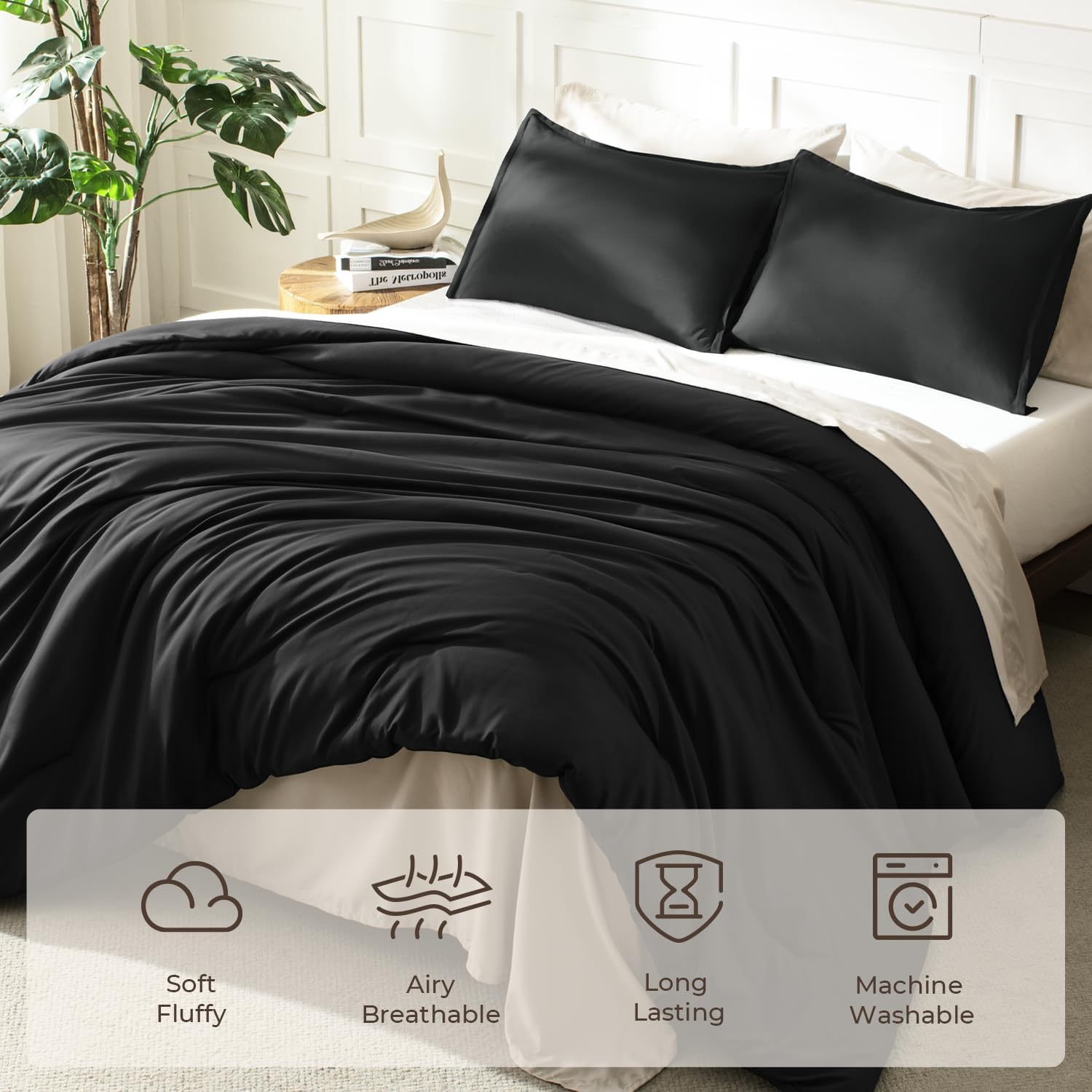 Litanika Black California King Comforter Set - 3 Pieces Cal King Lightweight Summer Soft Solid Bed Comforter, Oversized Fluffy Quilt Bedding Set (104x96In, 2 Pillowcases) - Image 3