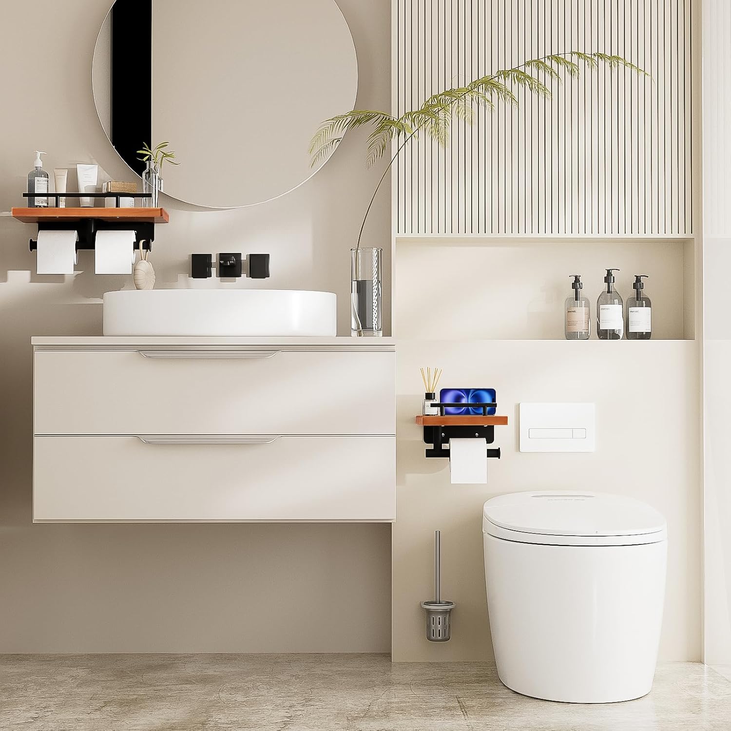 Toilet Paper Holder with Wood Shelf, Wall Mount Toilet Paper Roll Holder with Wooden Shelf and Matte Black Stainless Steel Pipe, Tissue Roll Holder for Bathroom Washroom (Light Brown, 13.8'' x 5.9'')