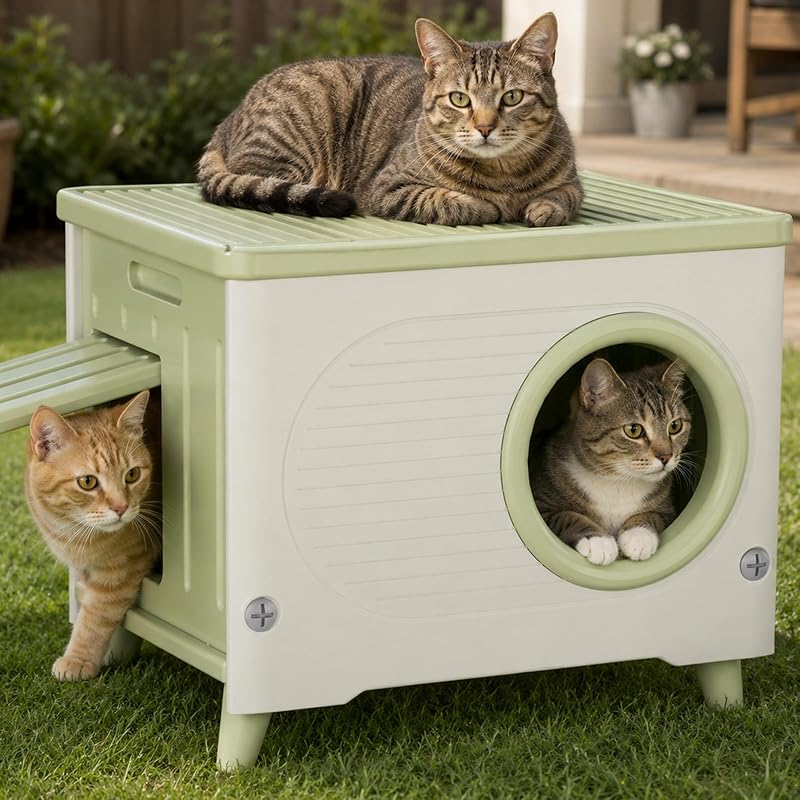 Casa para Gatos de Plástico com Duas Portas, Isolada e Elevada ichofun Verde – 1 Unidade