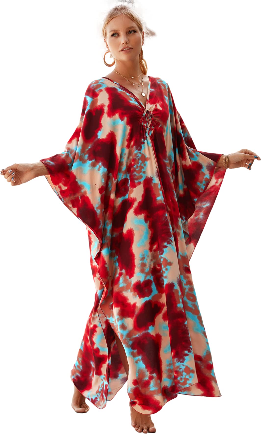 RanRui Women Geometric Print Kaftan Dresses Caftans Loungewear with Waist Drawstring