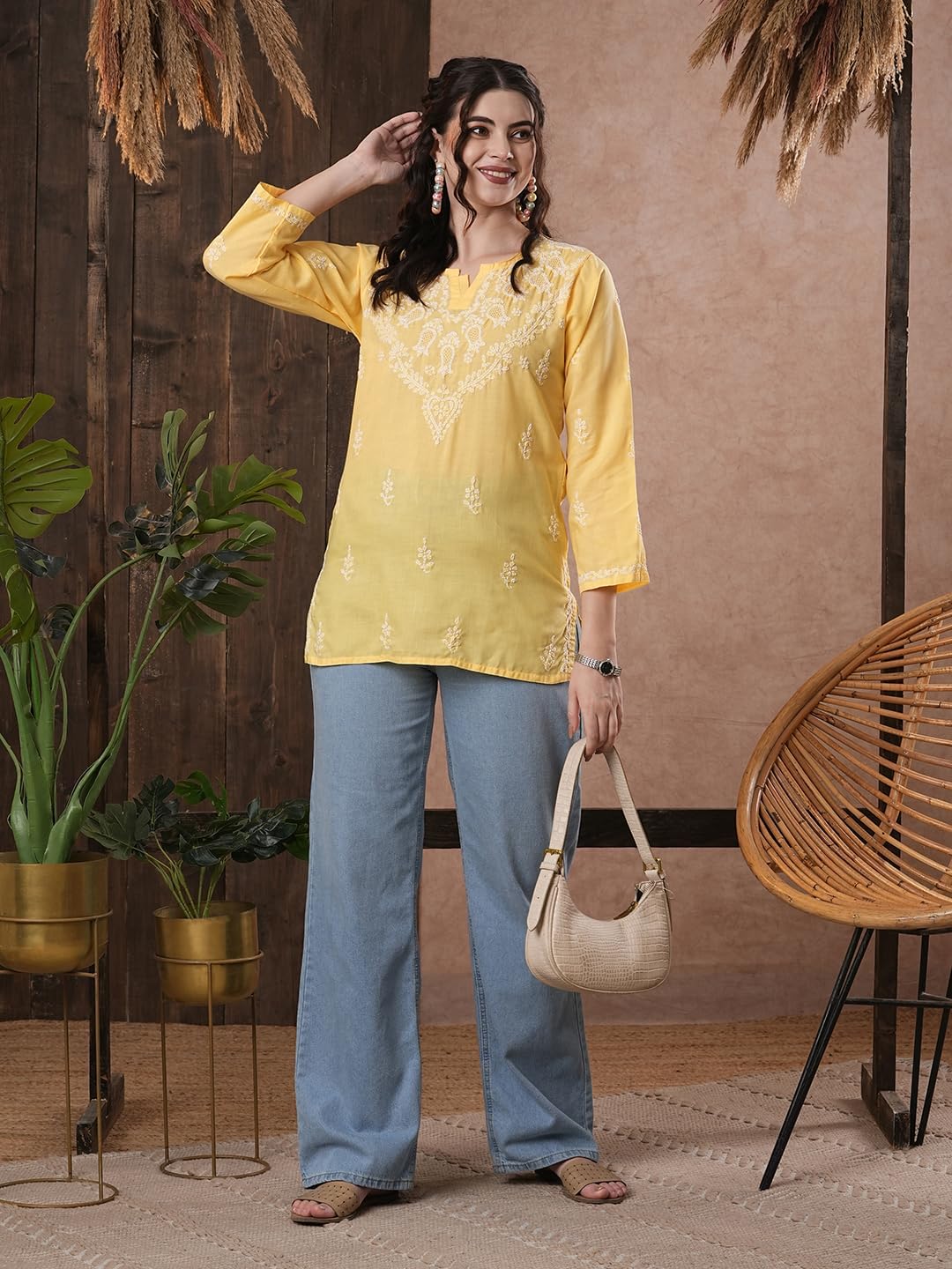 Ada Hand Embroidered Indian Chikankari Straight Cotton Tunic Top Kurti Shirt for Women A509732 (Yellow, 3X-Large) - Image 3