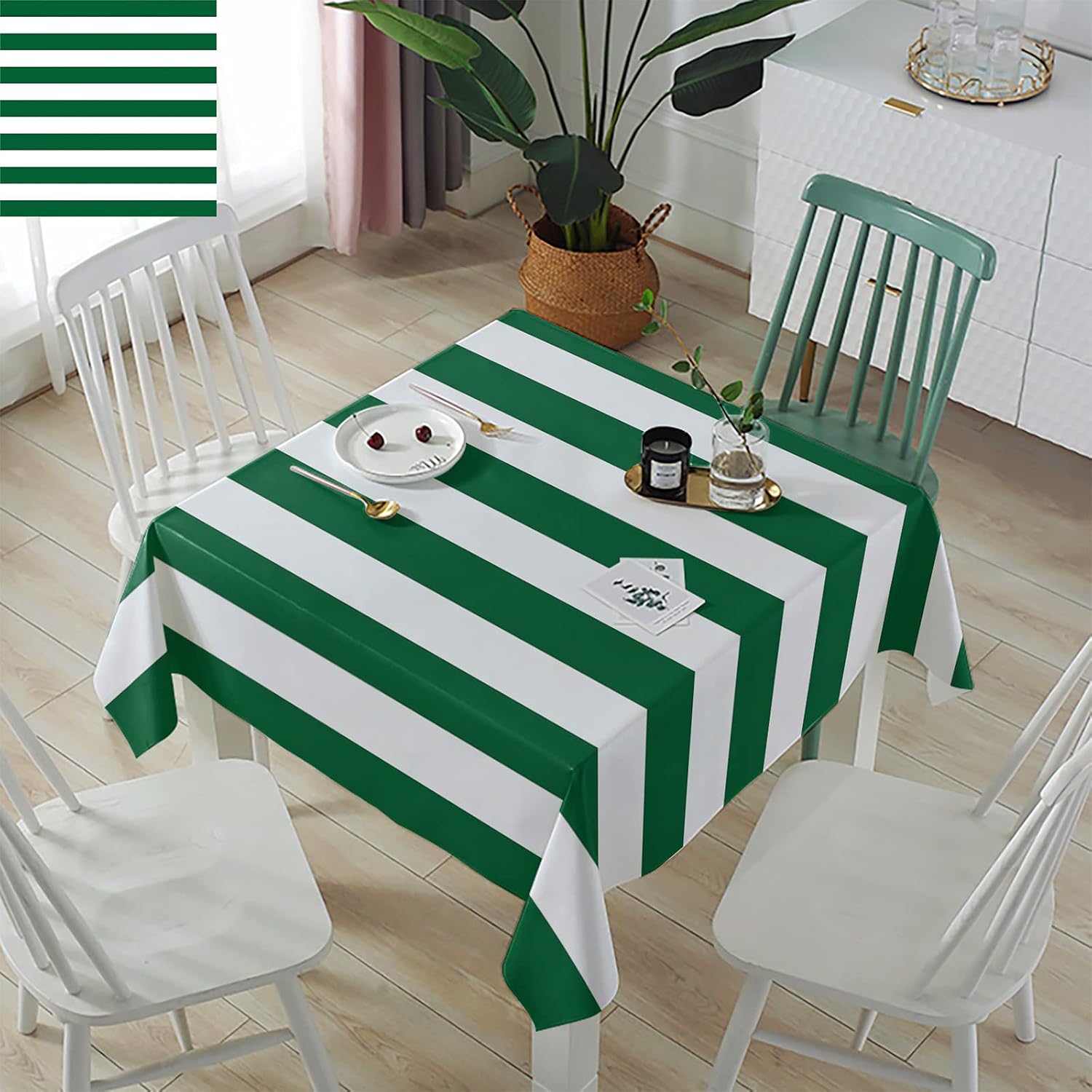 Rectangle Waterproof Table Clothes Green White Horizontal Striped Tableclothes Topper Cover St Patrick's Day Stripes Kitchen Dining Tablecloth for Indoor Outdoor Wedding Banquet Xmas Party Tables
