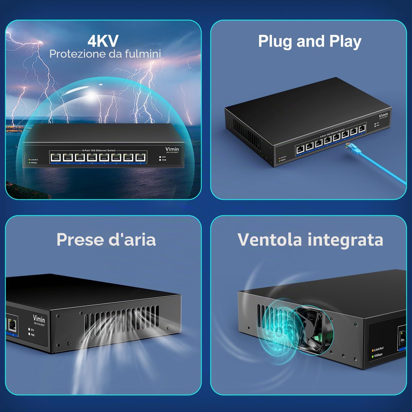 VIMIN Switch Ethernet Non Gestito 10G a 8 Porte, Switch di Rete 10Gbe Che Supporta la Negoziazione Automatica della velocità 100M/1000M/2,5G/5G/10G, per Rete Nas 10G, Plug & Play, capacità 160 Gbps