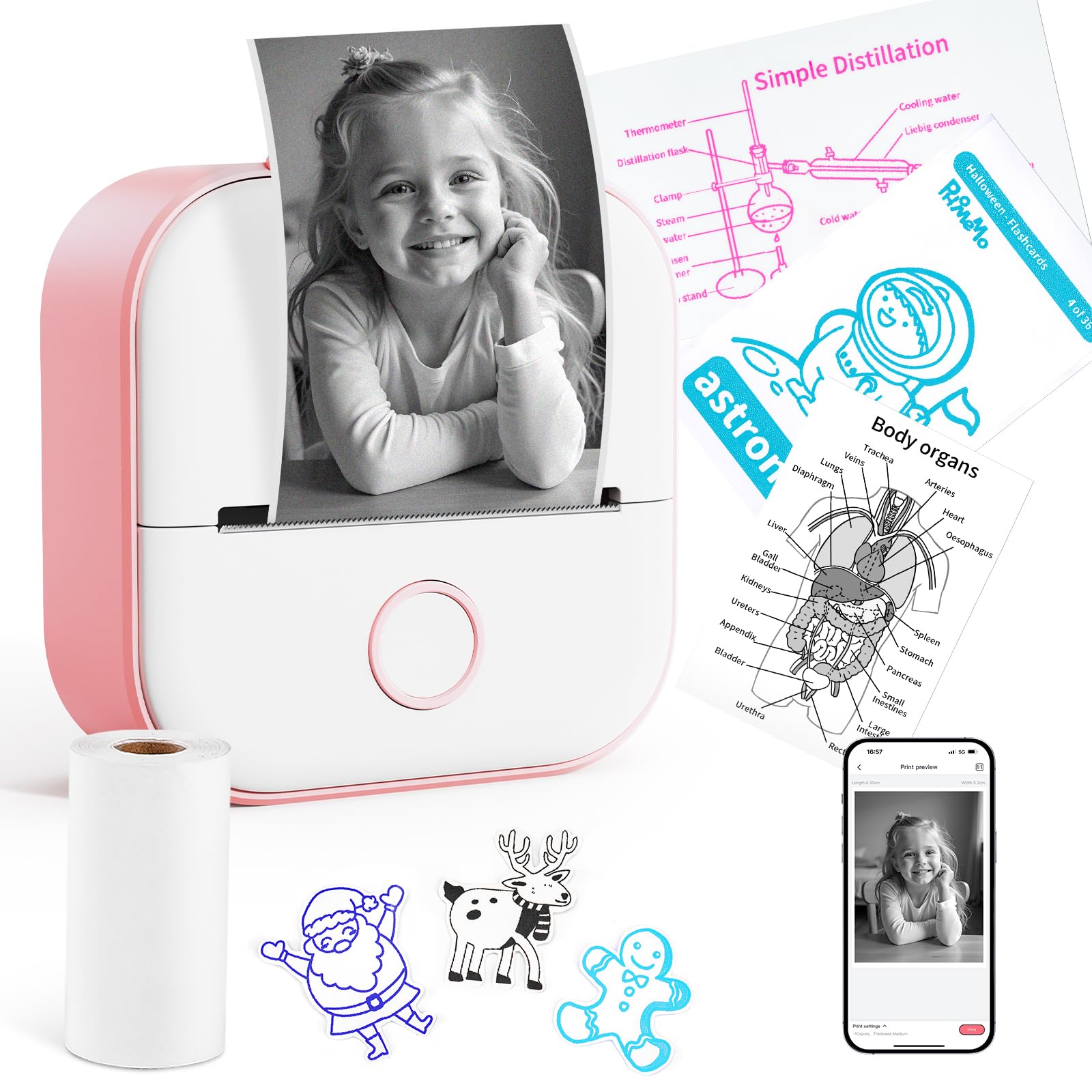 Instant Print for Kids - T02 Print Pod Mini Printer, Sticker Maker Machine, Instant Phone Photo Printer for Study, Fun, Games, Stickers, Labels, Flashcards, Pink