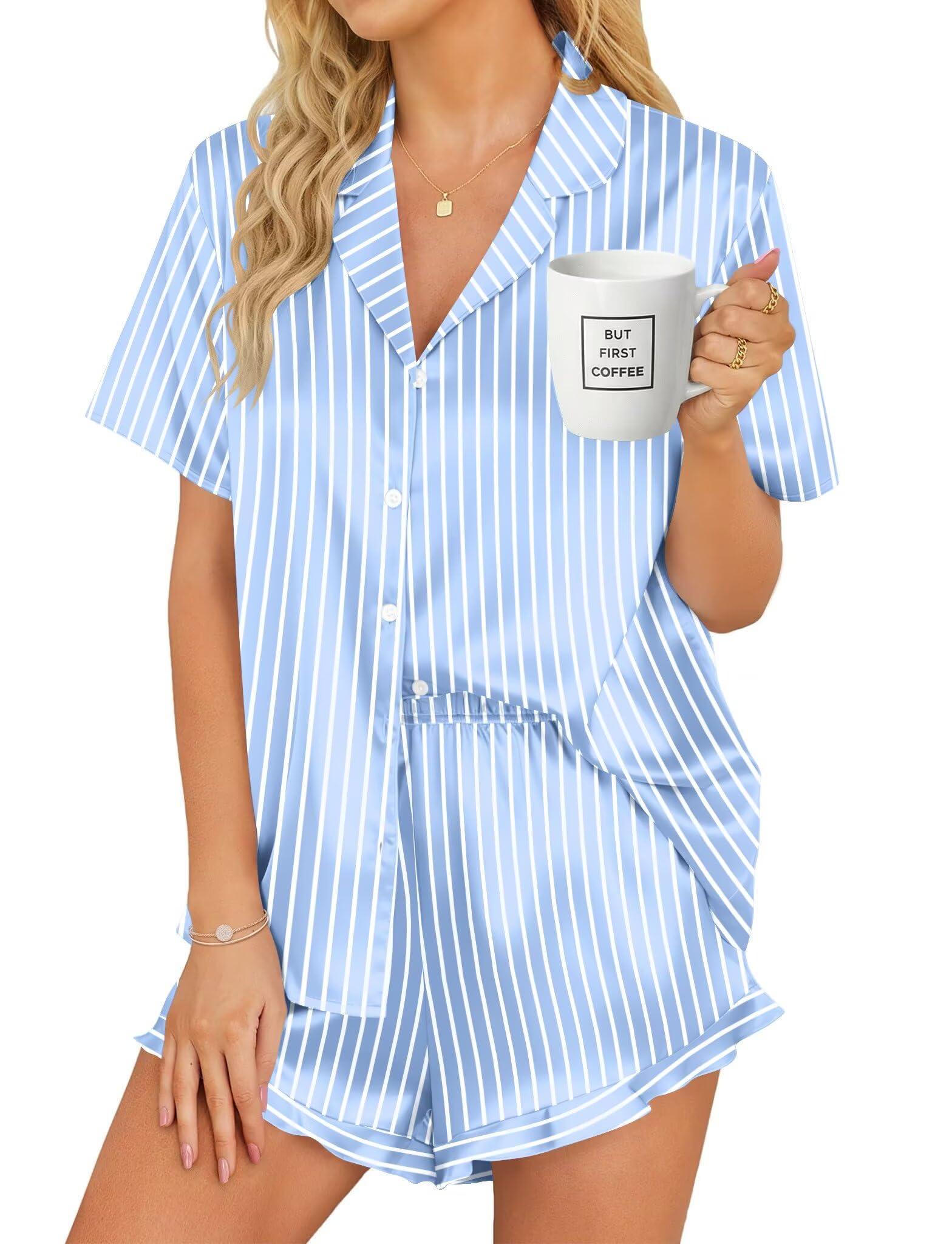 SWOMOG Women's Silk Satin Pajamas Set Short Sleeve Button Down Sleepwear Ruffle Hem Shorts PJ Sets Two-Piece Loungewear