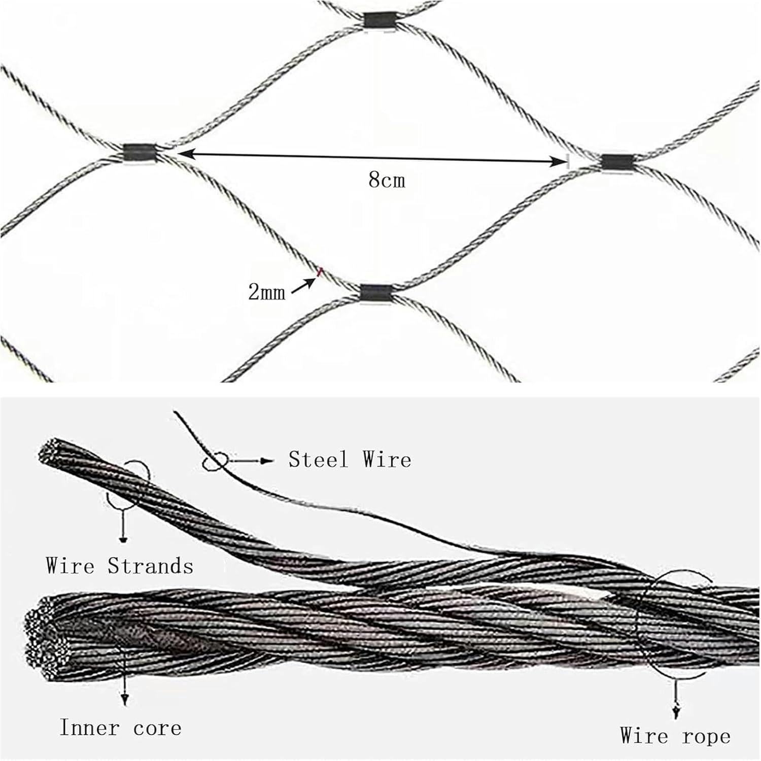 304 Stainless Steel Rope Net, Galvanized Wire Metal Braided Mesh High-Altitude Fall Protection Net Landscape Guardrail Net for Pet Fences (Color : 8cm mesh Thick 2mm, Size : 2x20m)