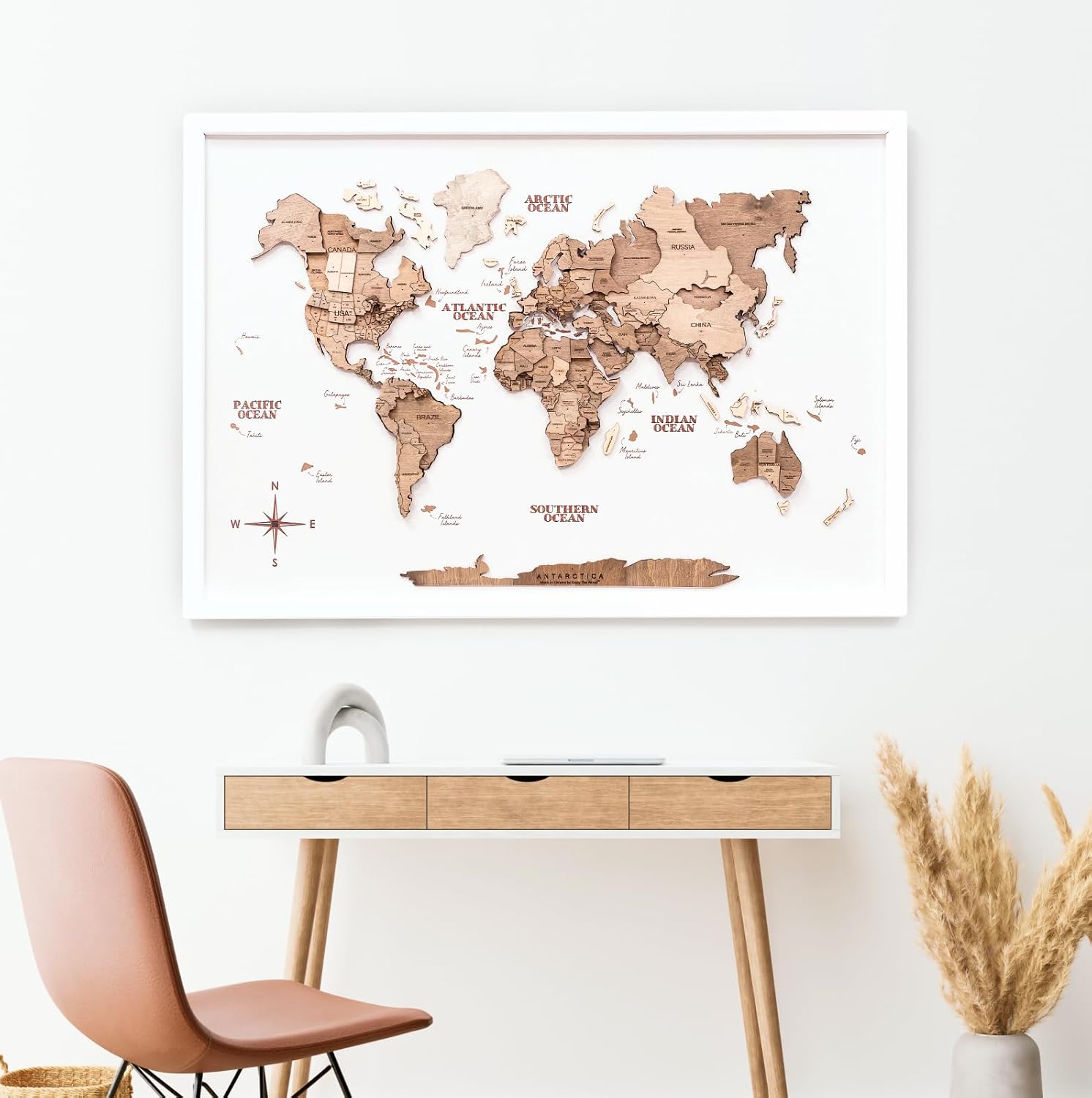 Enjoy The Wood Framed World Map Wall Art Wood Travel Decor 3D World Map On Board Wall Rustic Decoration Housewarming Gift (Medium, Board, Terra)