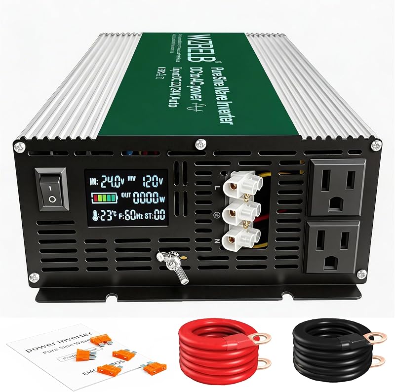 Dual Input Voltage 12V/24V Pure Sine Wave Inverter 2500W,90% High Efficiency Power Inverter DC to 110V 120V AC Converter with LCD Display,2 AC Outlets,a Hardwire Terminal for Truck RV Camping Off-Grid