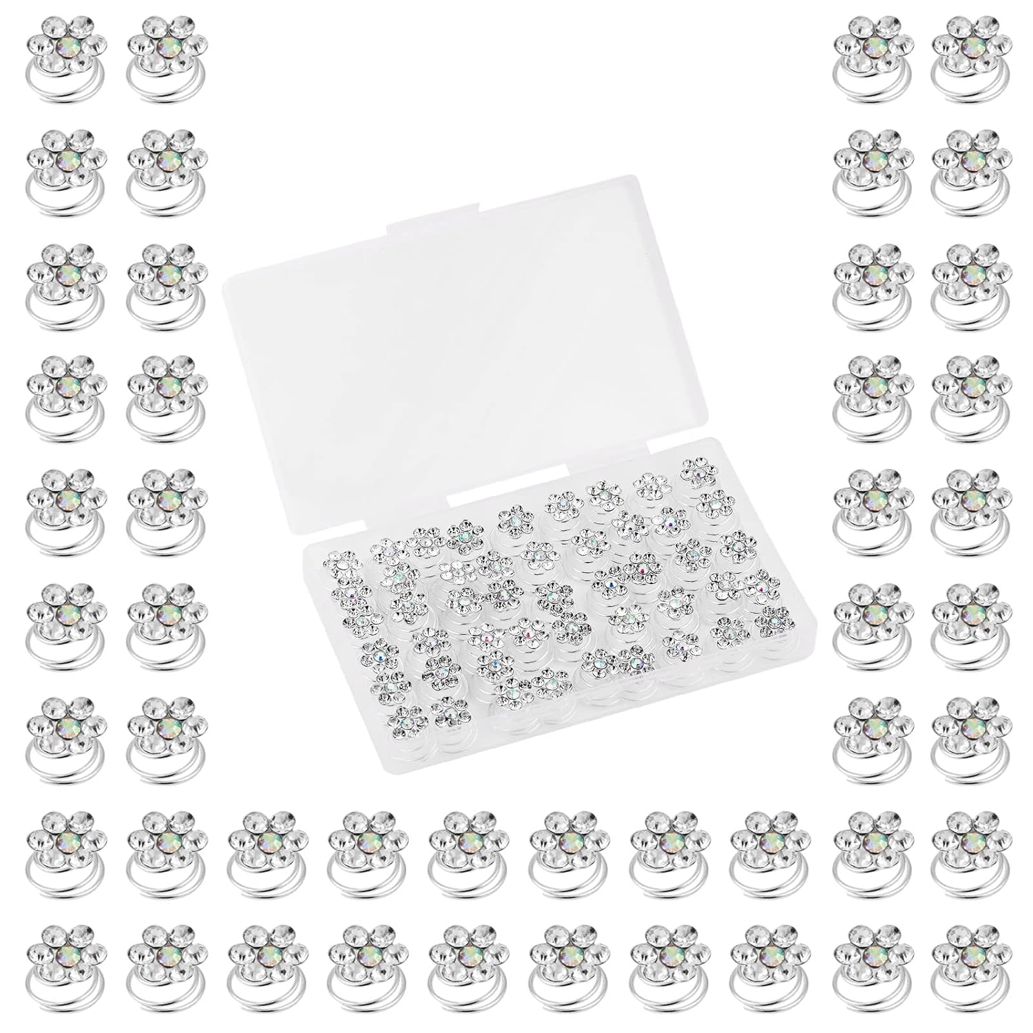 Pearl,Rhinestone Crystal Twisters Spiral Set Hair Pin Silver Coil for Wedding, Bridal, Prom, Party and Special Occasion with Clear Container (diamond flower)