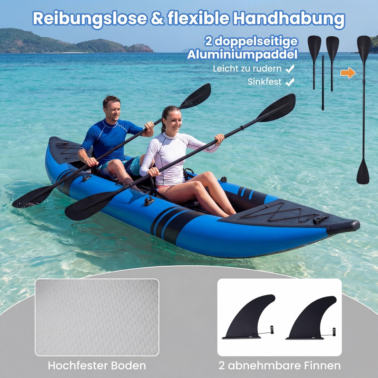 COSTWAY Kajak aufblasbar 2 Personen, aufblasbares Kanu mit Aluminiumrudern, gepolstertem Eva-Sitz, Handpumpe und Reparaturset, Schlauchboot mit Tragetasche, 230 kg Gewichtskapazität
