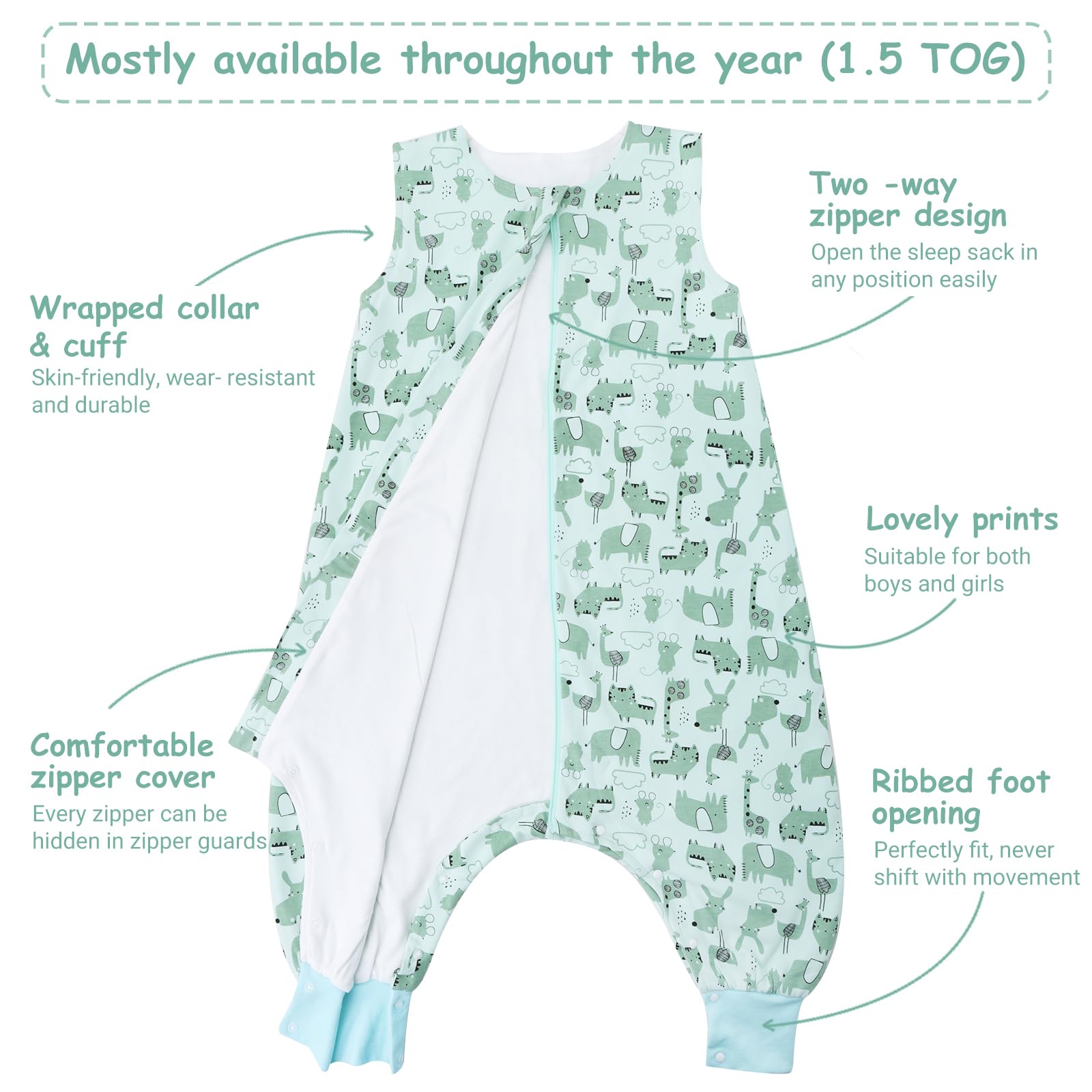 WYTbaby Sacco Nanna con Piedini 1.0 Tog, 100% Cotone Ultra-Morbido, Facile da Indossare, Ideale per il Sonno dei Neonati, Sacco Nanna Adatto per Bambini da 6-18 Mesi