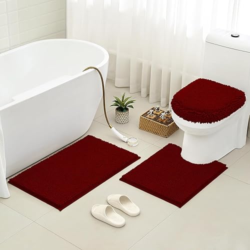 Miniatura 2 de HomeIdeas juego de 3alfombras de baño, incluye alfombrilla de inodoro en forma de U, alfombrilla de baño y cubierta para tapa de inodoro, lavables a