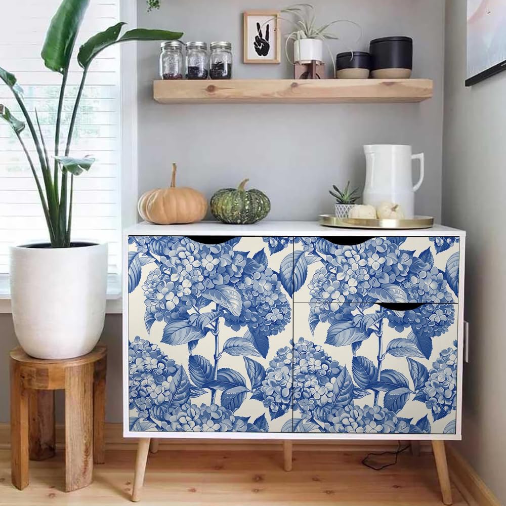 18"x236" White Navy Blue Hydrangea Flower Vintage Peel and Stick Self Adhesive Wallpaper Removable Contact Paper Stick on Easy Peel Off Wall Paper for Kitchen Bedroom Bathroom