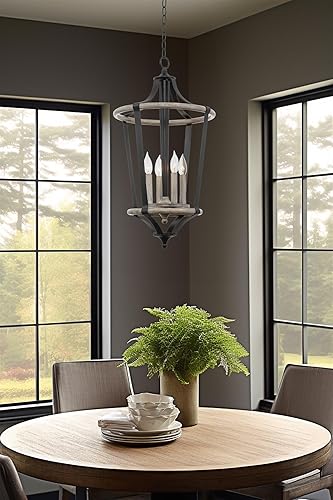 Miniatura 6 de Kira Home Huxley - Lámpara colgante moderna de 28 pulgadas, 4 luces, diseño abierto, estilo madera de roble gris + acabado negro