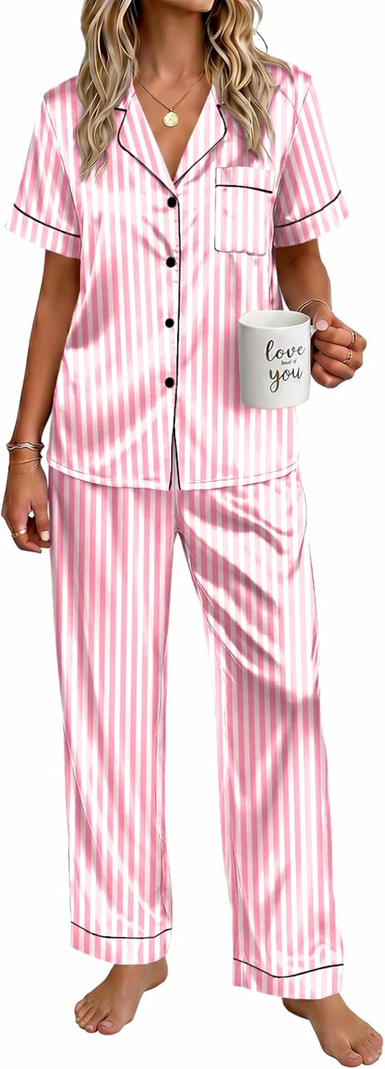 Ekouaer Womens Satin Pajama Set Silky Short Sleeve Button Down Pj Set