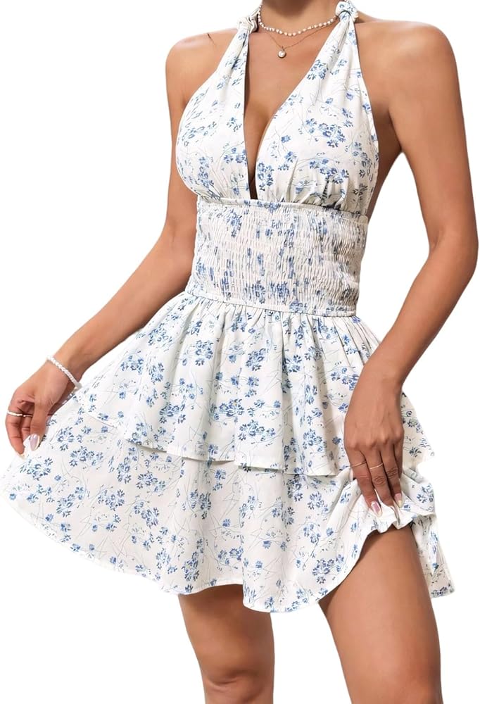 CHARTOU Women Floral Print Mini Dress Sexy Deep V Neck Halter Shirred Waist Backless Tiered Short Dress(Small,Blue) at Amazon Women's Clothing store CHARTOU Women Floral Print Mini Dress Sexy Deep V Neck Halter Shirred Waist Backless Tiered Short Dress(Small,Blue) at Amazon Women's Clothing store