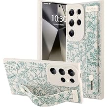 OOK Compatible with Samsung Galaxy S24 Ultra Silicone Phone Case with Strap, Cute Floral Flower Pattern for Women Girls, Adjustable Finger Strap Kickstand Slim Protective Cover, White Sage Flower