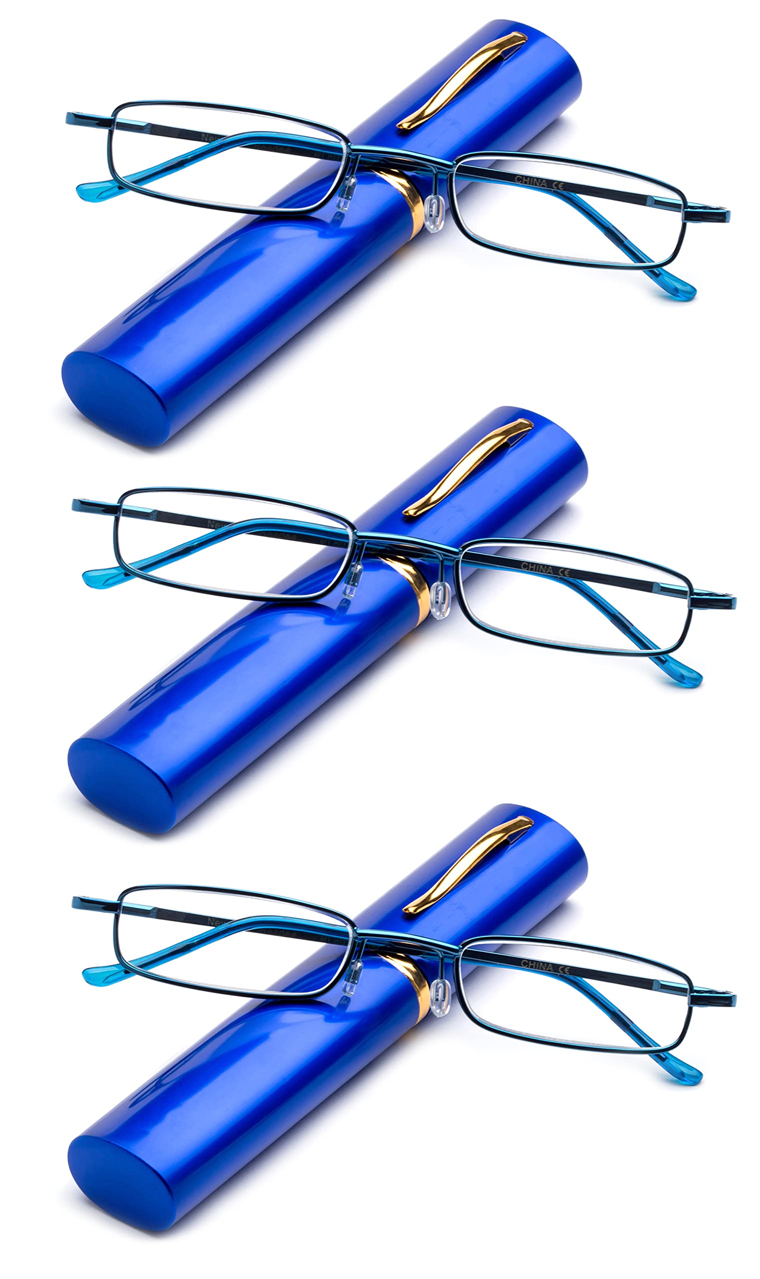 3 Packs Pocket Readers Ultra Slim Compact Reading Glasses Spring Temple w/Portable Pocket Clip Aluminum Case Blue +2.00