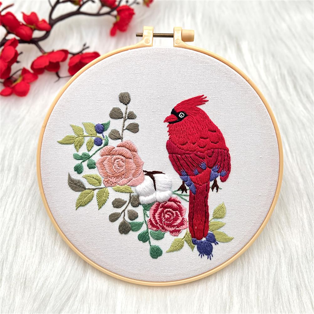 Meecaa Embroidery Kit Starter Set, Hand Embroidery Set, Red Bird Animal Flower Pattern Printed Cross Stitch Set for Beginner Adults, with Embroidery Hoop and Instructions (Red Bird)